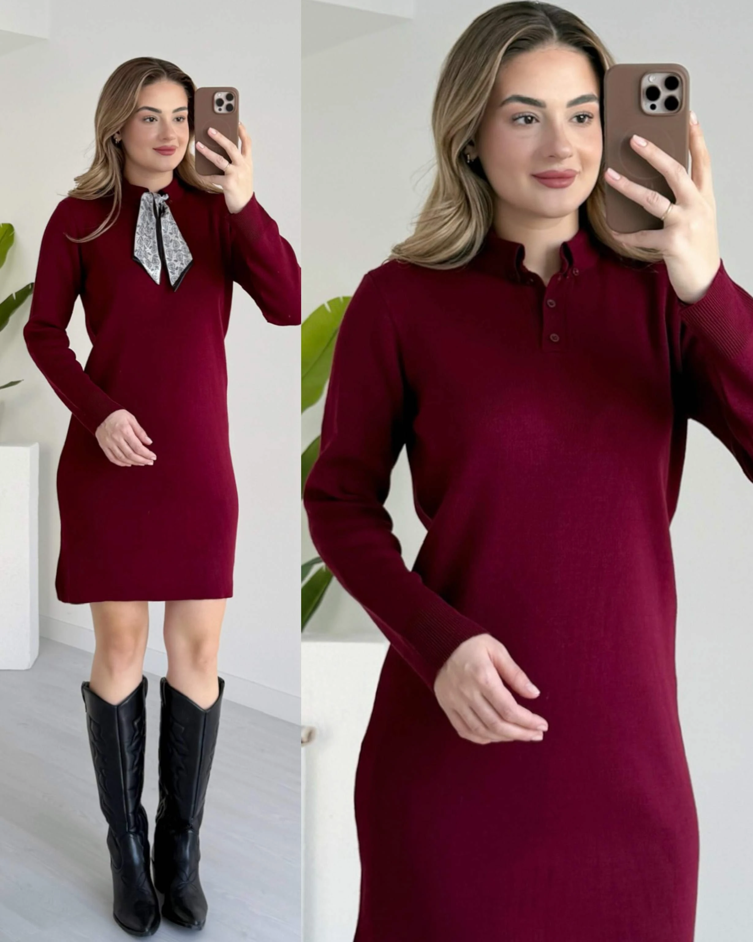 Fularlı Polo Yaka Triko Elbise - Bordo