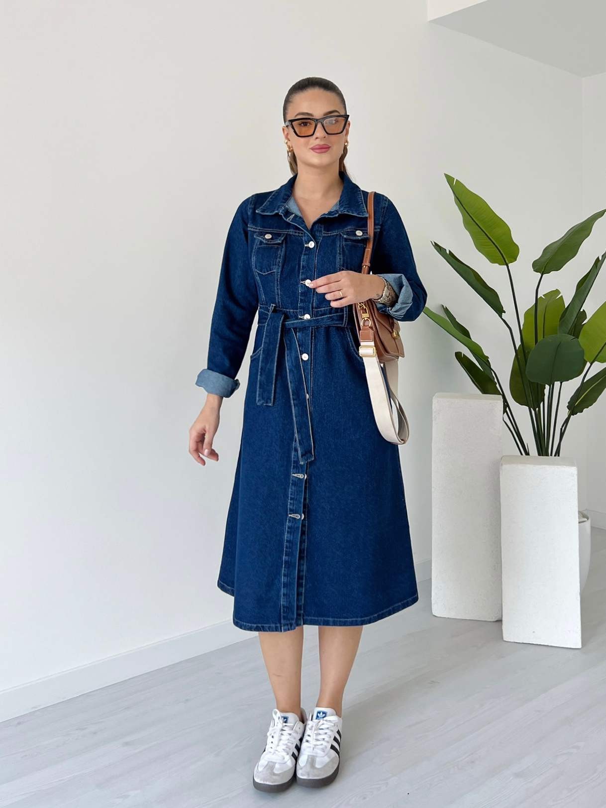 Uzun Kol Kuşaklı Denim Elbise