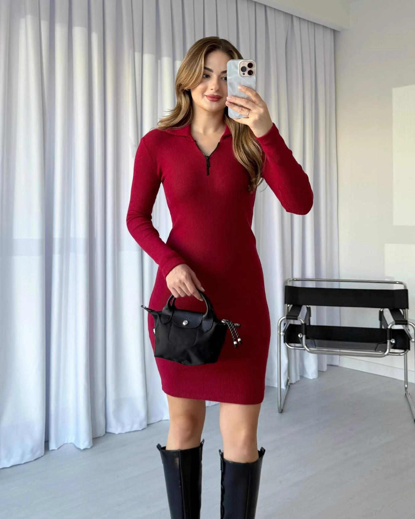 Yaka Fermuarlı Yumoş Elbise