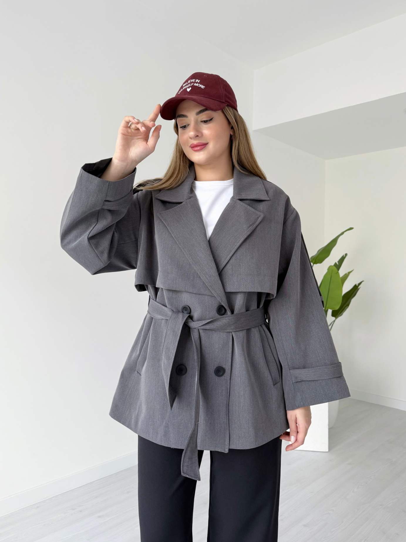 Oversize Kuşaklı Antrasit Trençkot - Antrasit