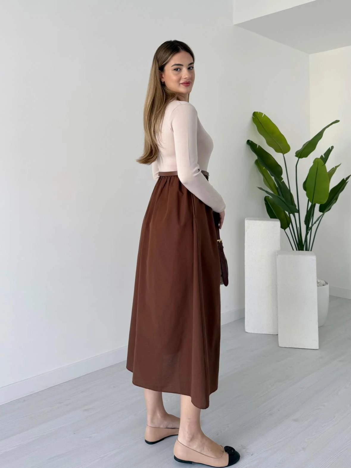 Midi Boy Kemerli Uzun Kollu Elbise