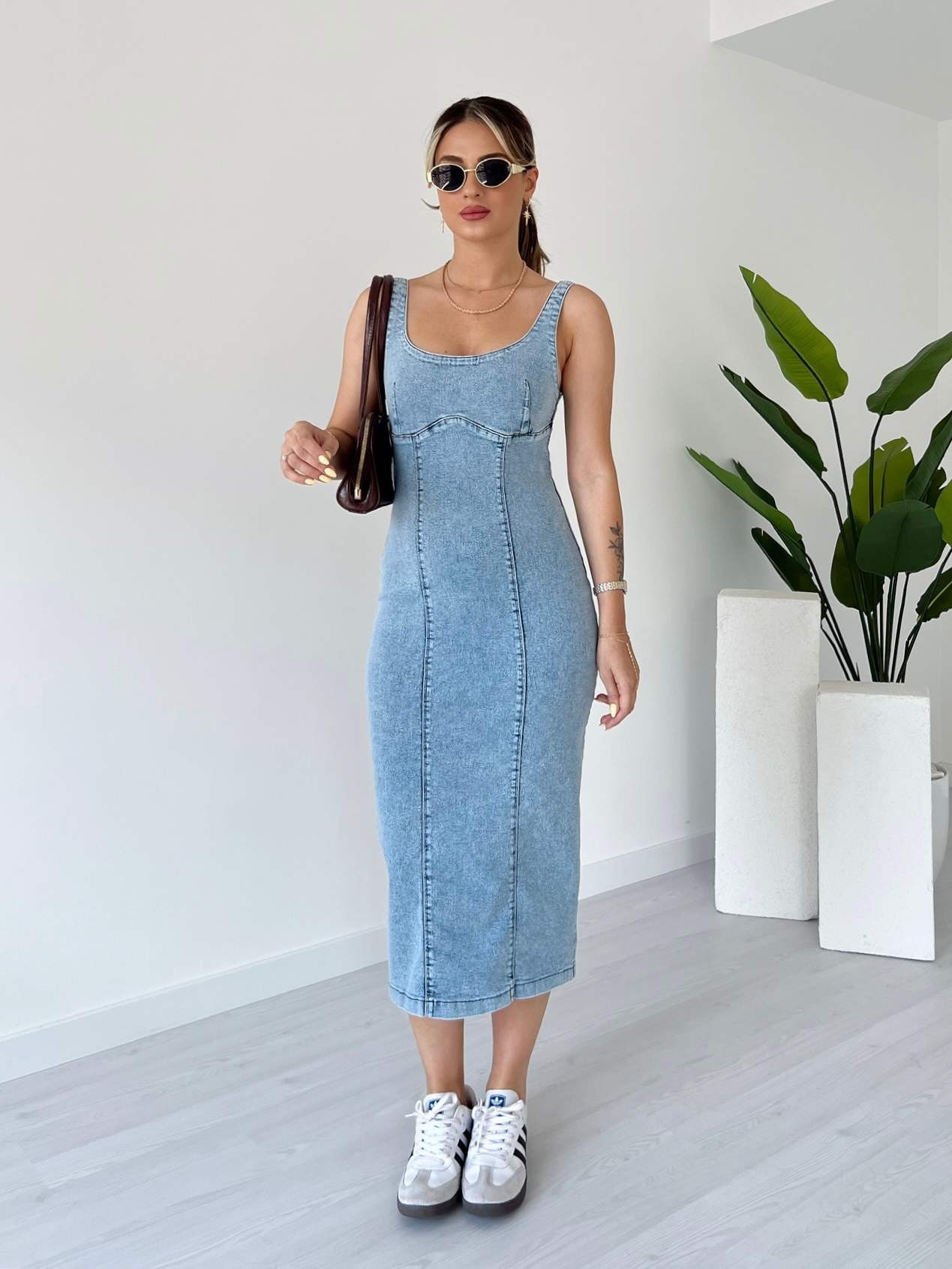 Likralı Sırt Fermuarlı Denim Elbise - Kar Yıkama