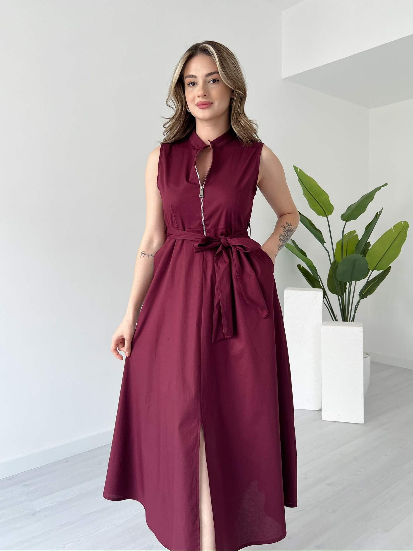 Fermuarlı Midi Boy Poplin Elbise - Bordo
