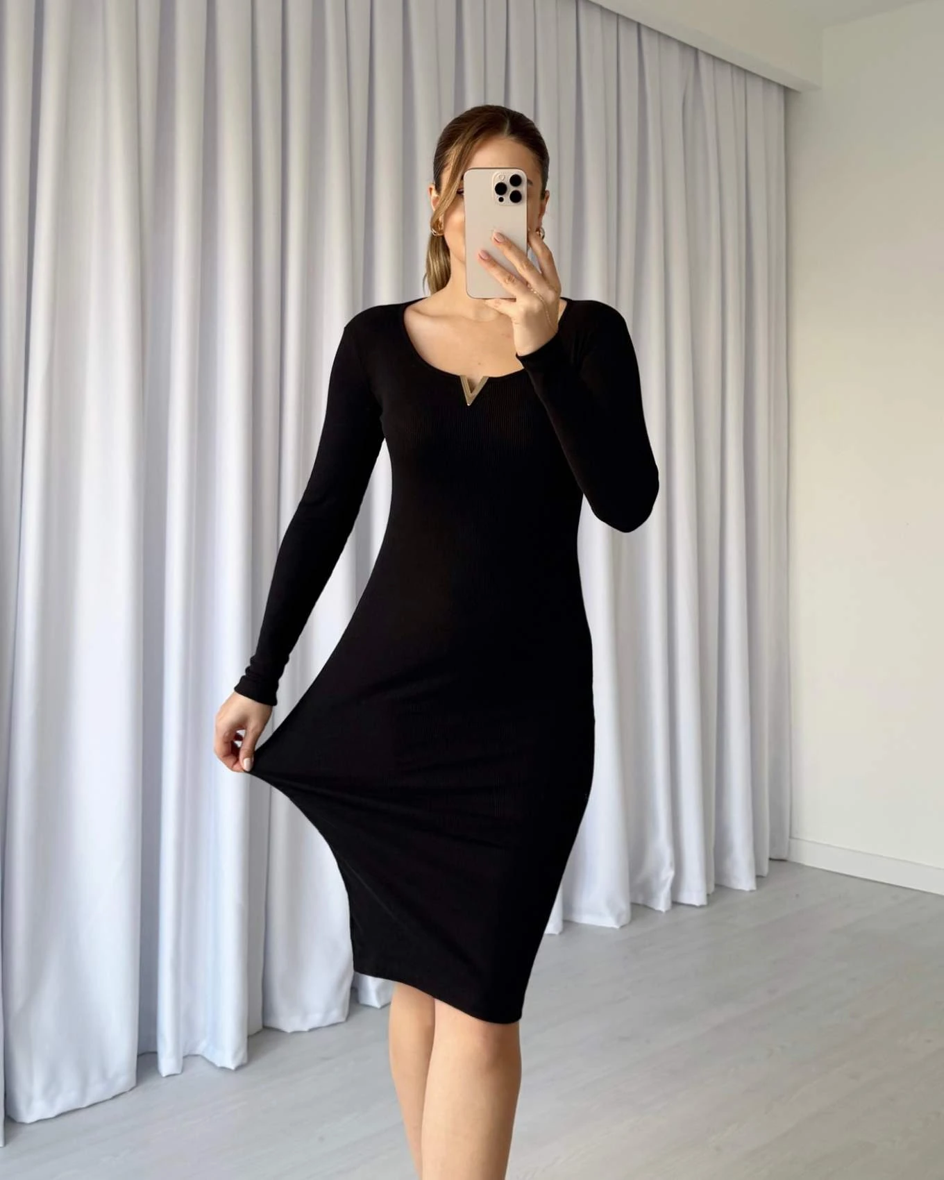 Yaka Detaylı Penye Elbise