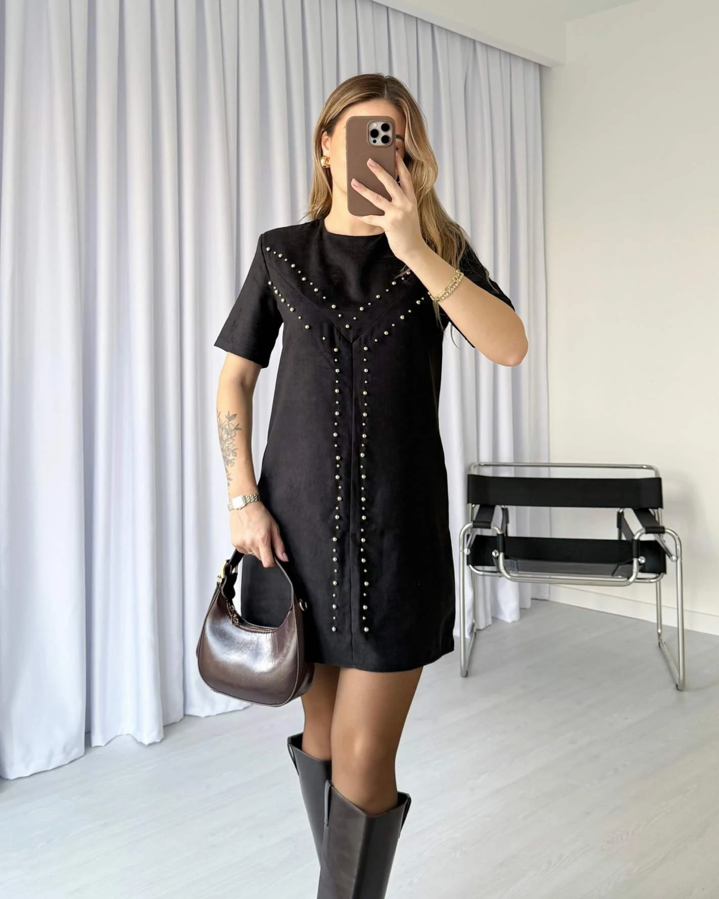 ZR Model Zımba Detaylı Süet Elbise