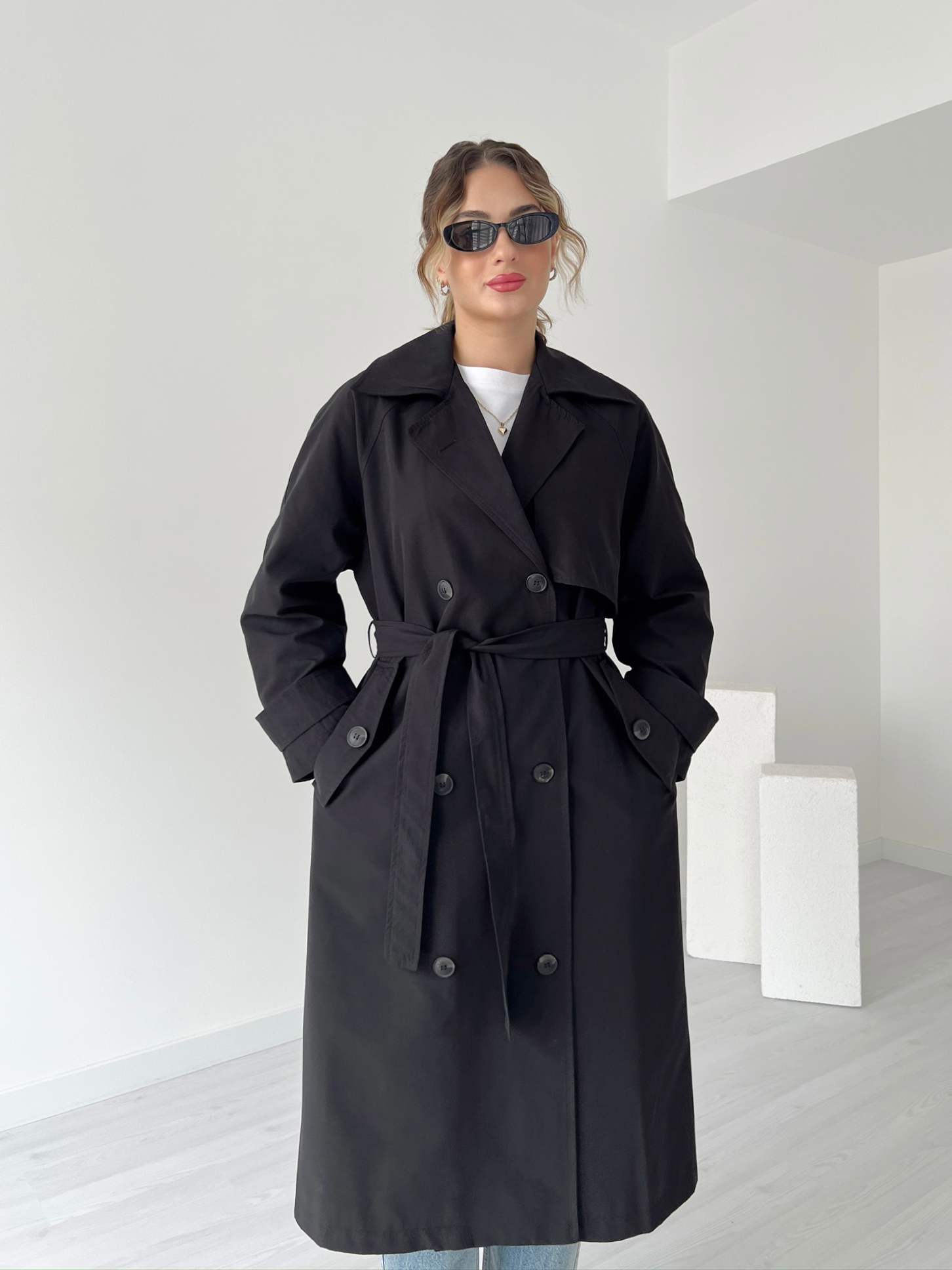 Oversize Astarlı Uzun Trençkot