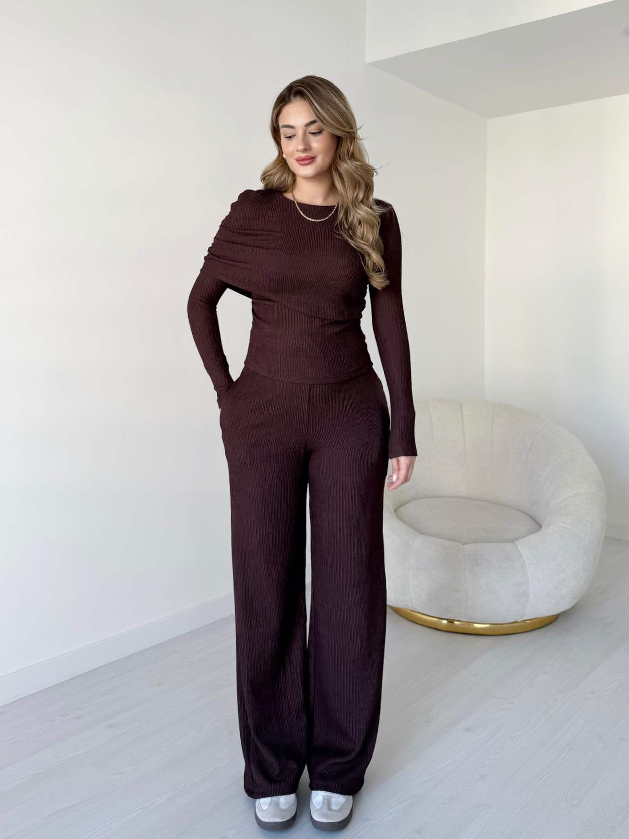 Omuz Detaylı İkili Takım - Kahve