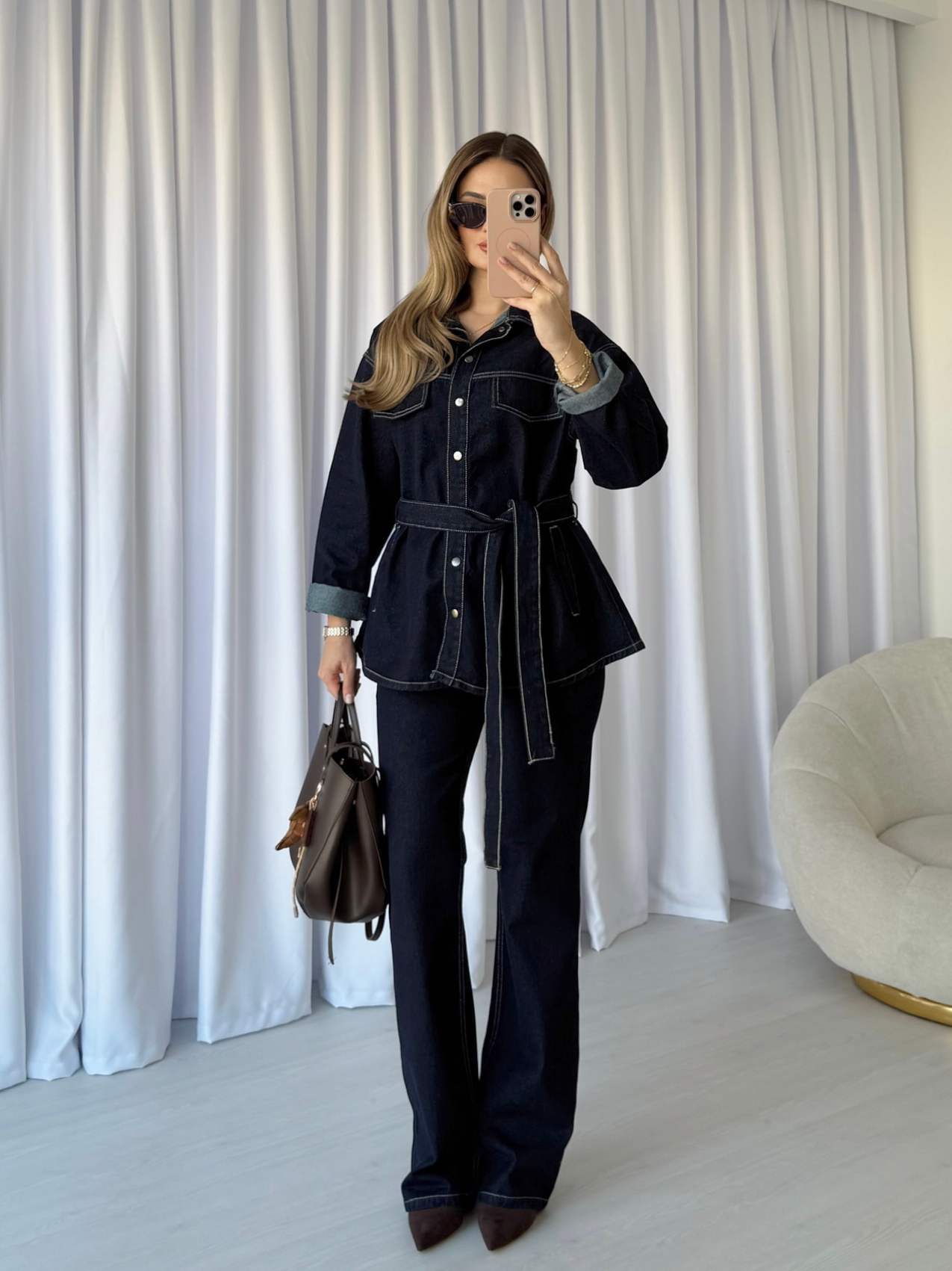 Kuşaklı Denim Ceket Pantolon Takım