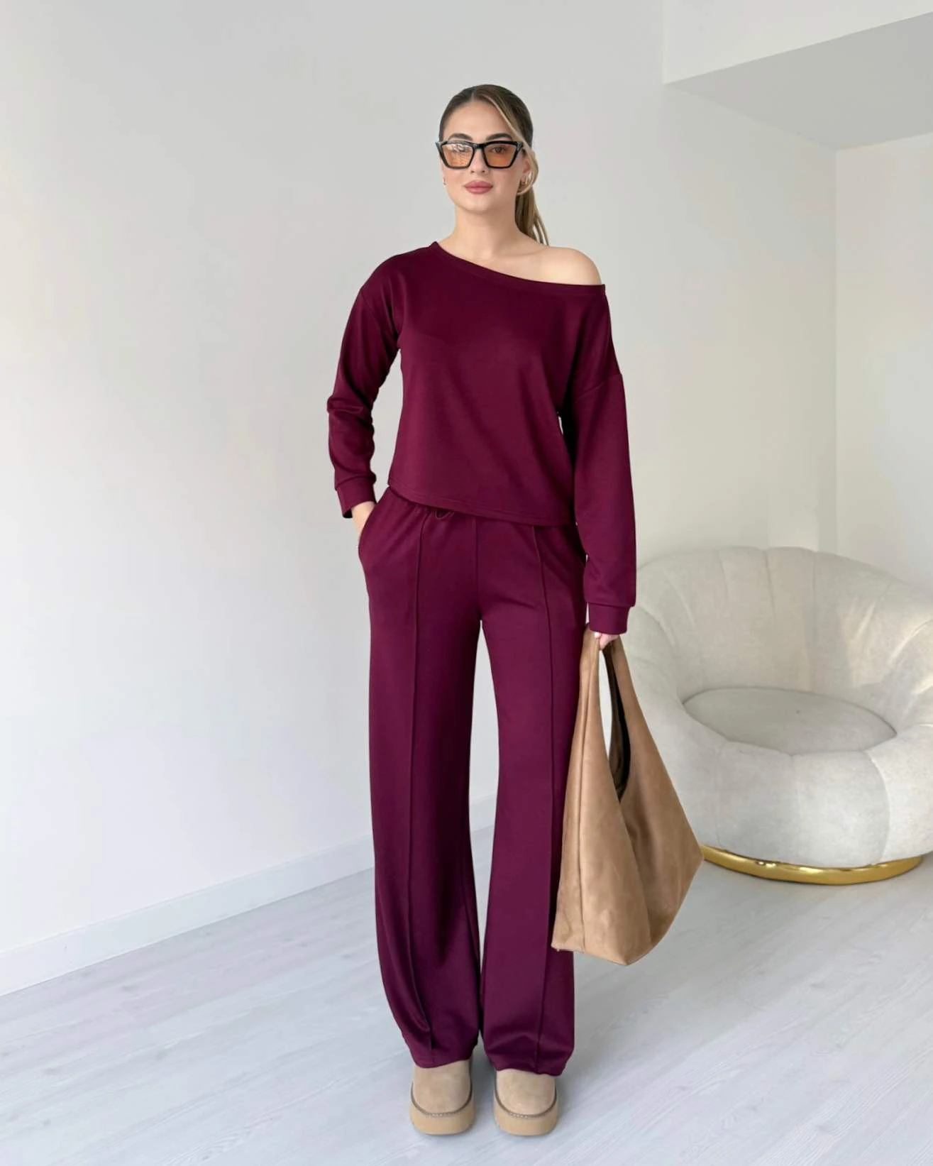 Kayık Yaka Çima Detaylı İkili Takım - Bordo