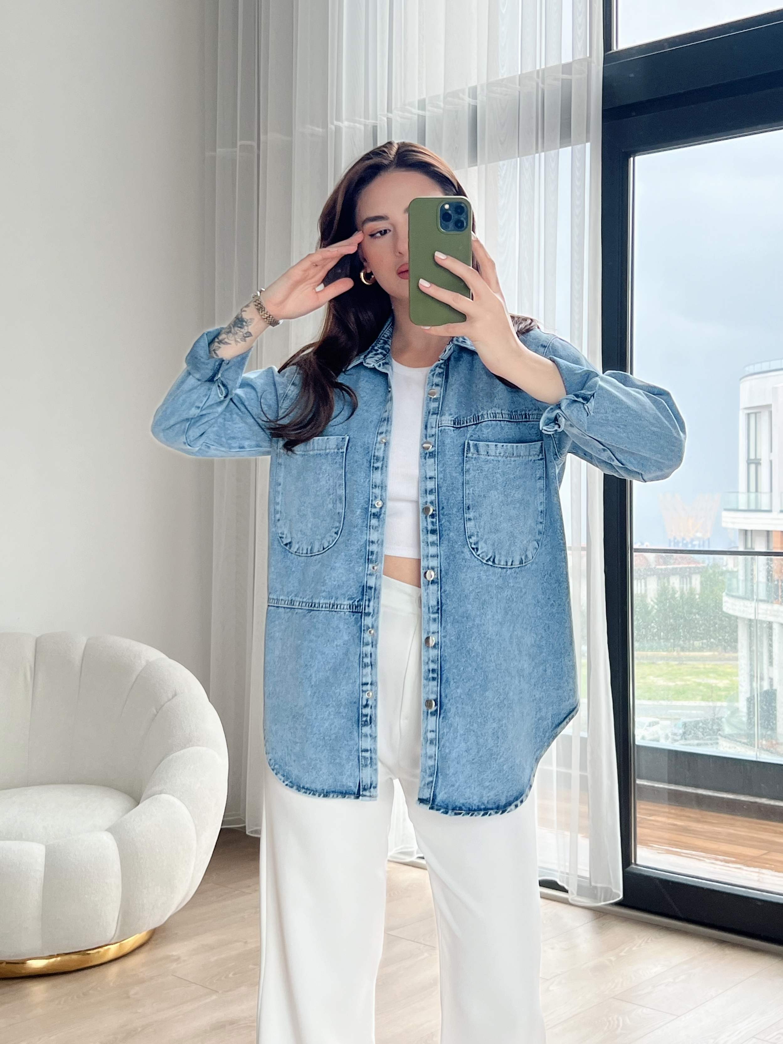 Çıtçıtlı Denim Gömlek - Kar Yıkama