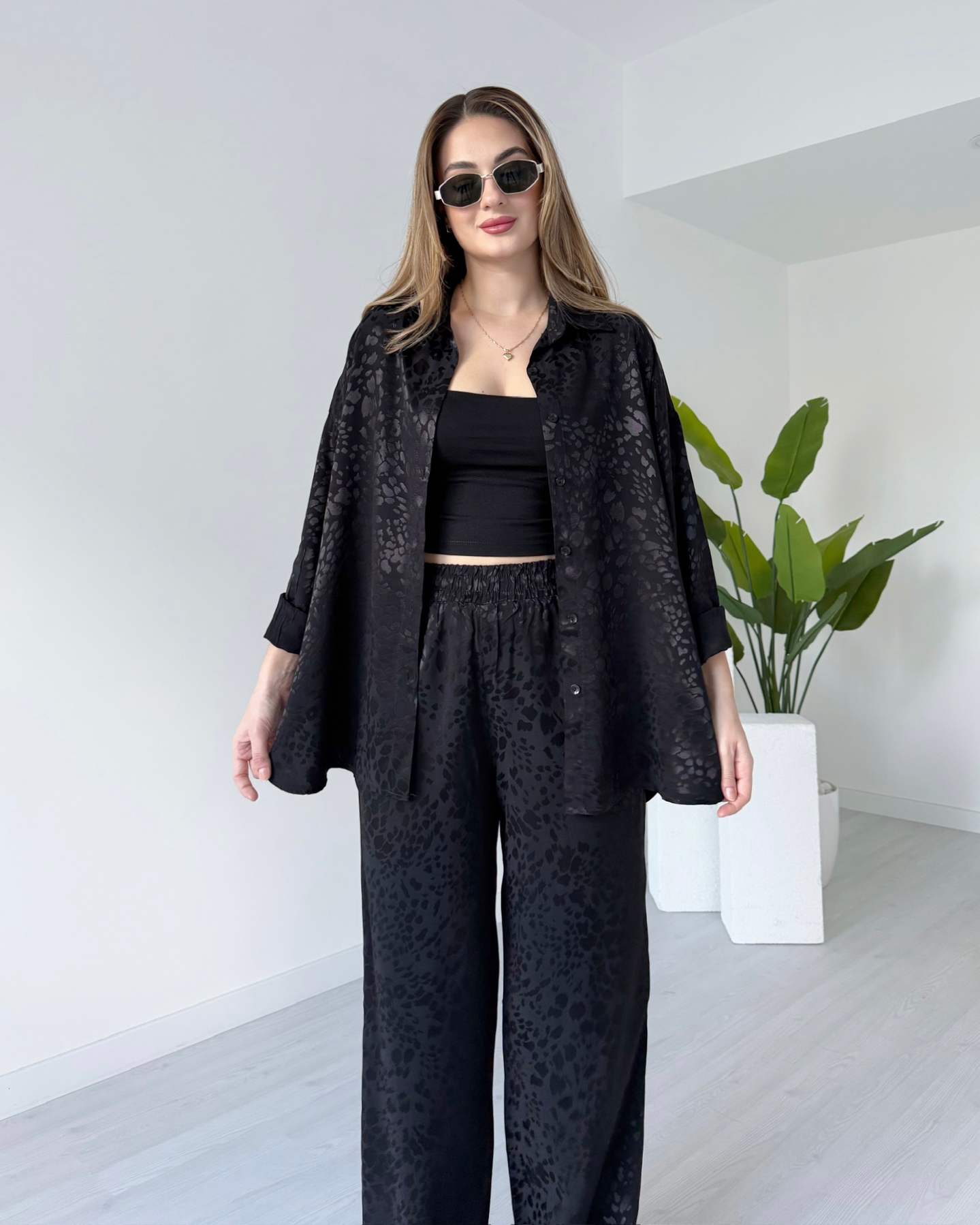 Leopar Desenli Saten Takım