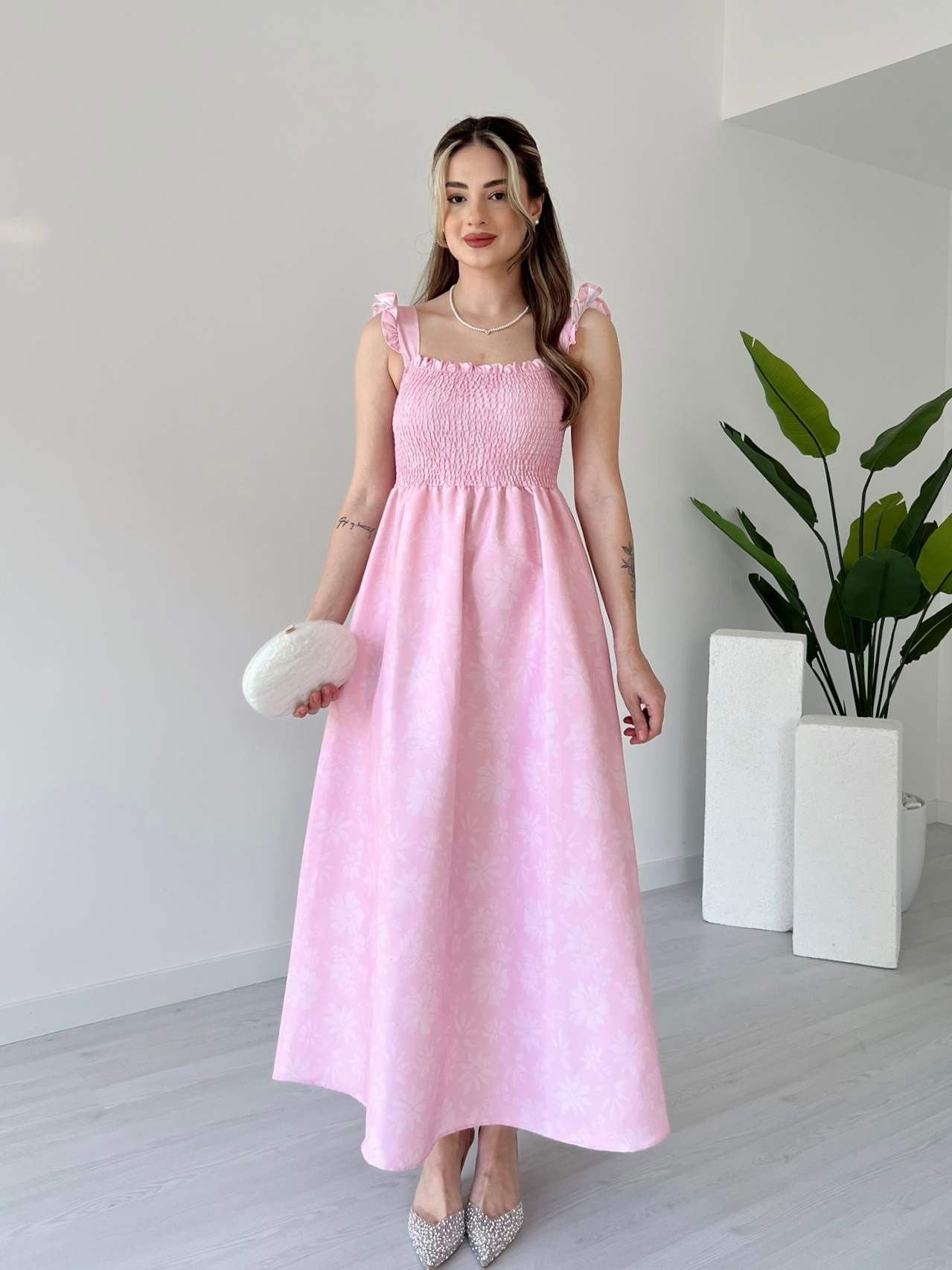 Soluk Efektli Gipeli Elbise - Pembe