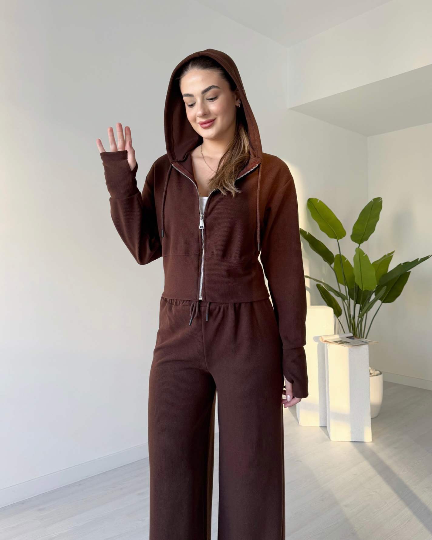 Selanik Kumaş Parmak Geçmeli İkili Takım - Kahve