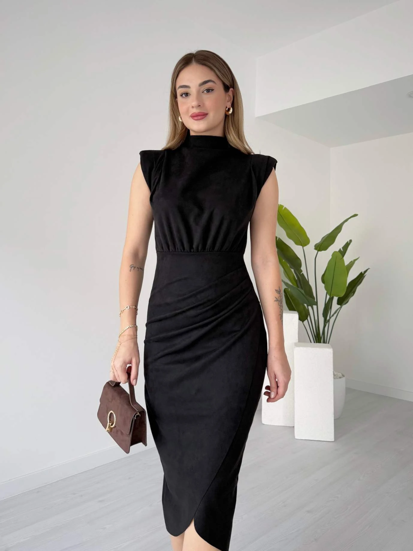 Midi Boy Vatkalı Süet Elbise