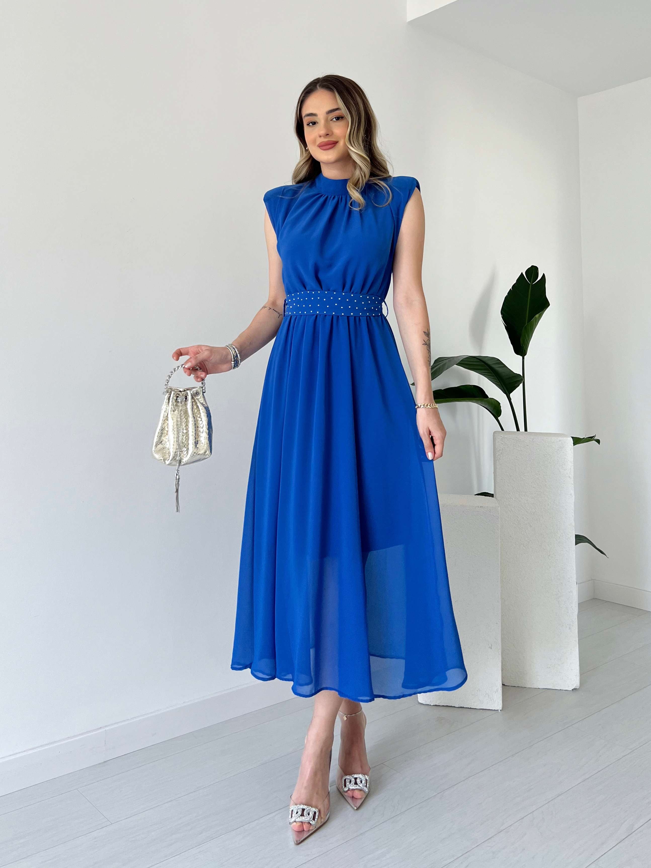 Omuz Vatkalı TERRY Elbise - Mavi
