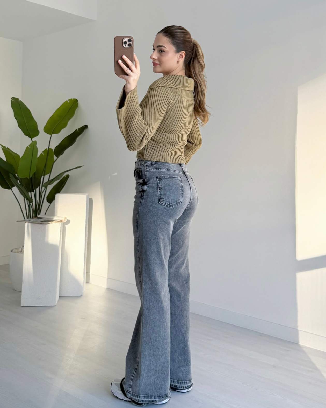 Çift Fermuarlı Geniş Yaka Hırka