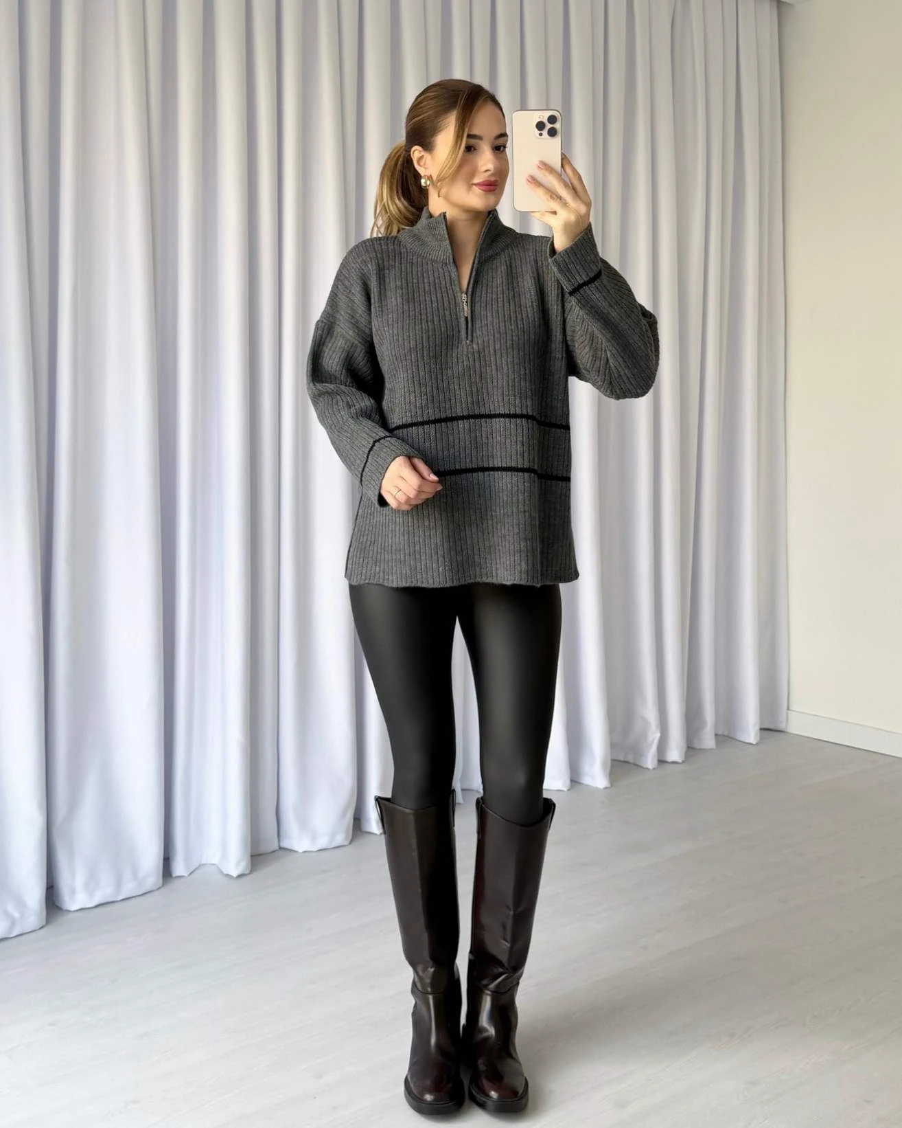 Yaka Fermuarlı Çizgili Kazak