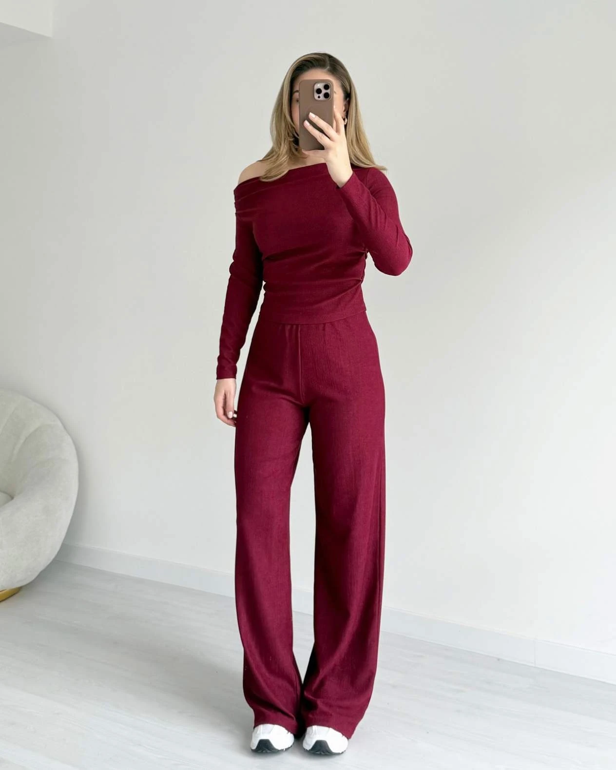 Kayık Yaka Bürümcük Takım - Bordo