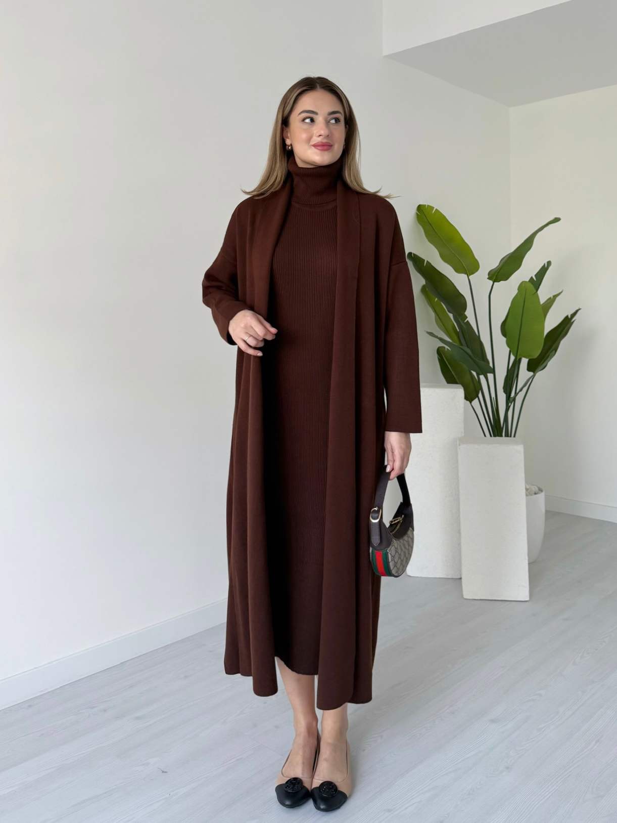 Acı Kahve Elbise Hırka Takım