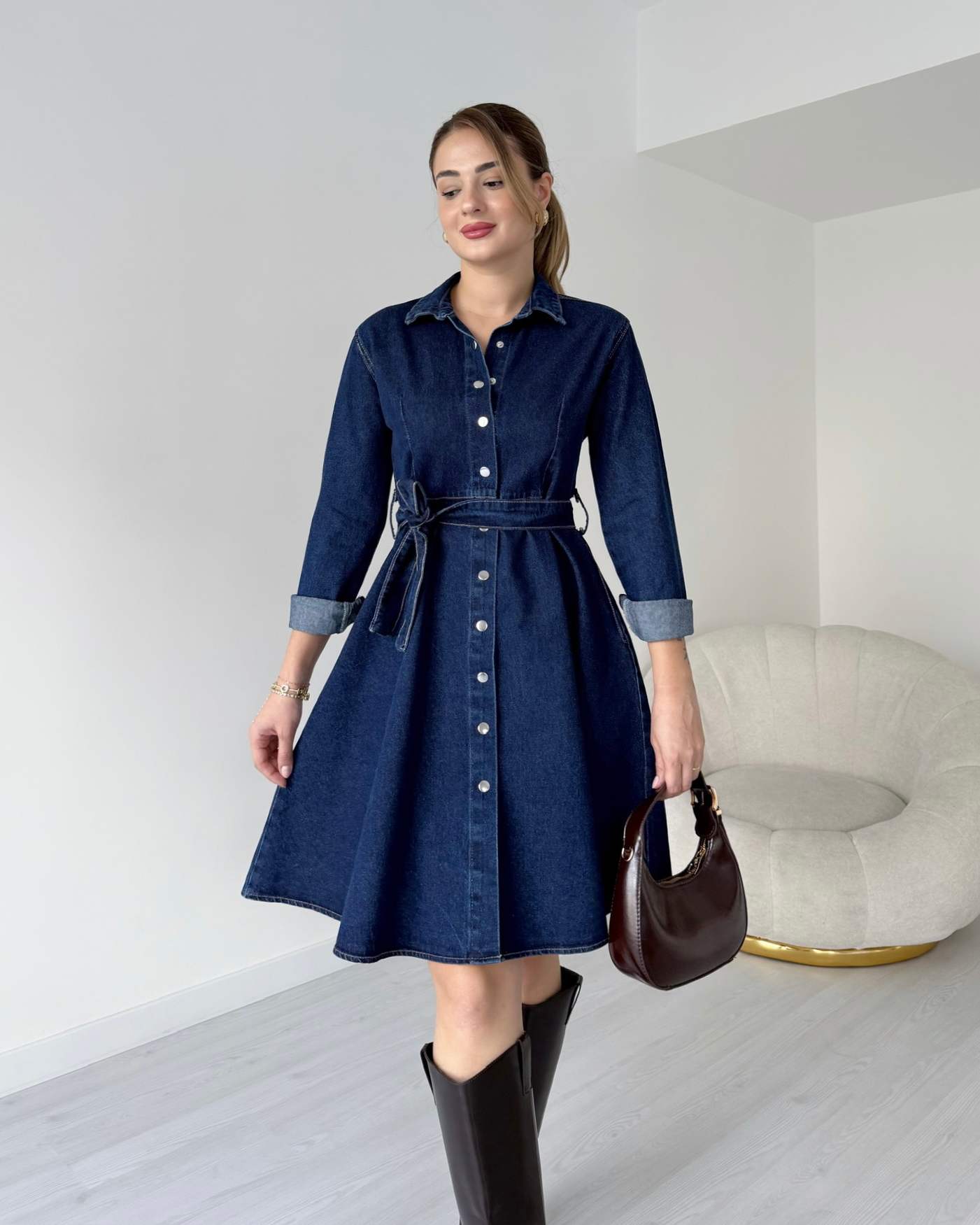 Koyu Mavi Kuşaklı Denim Elbise