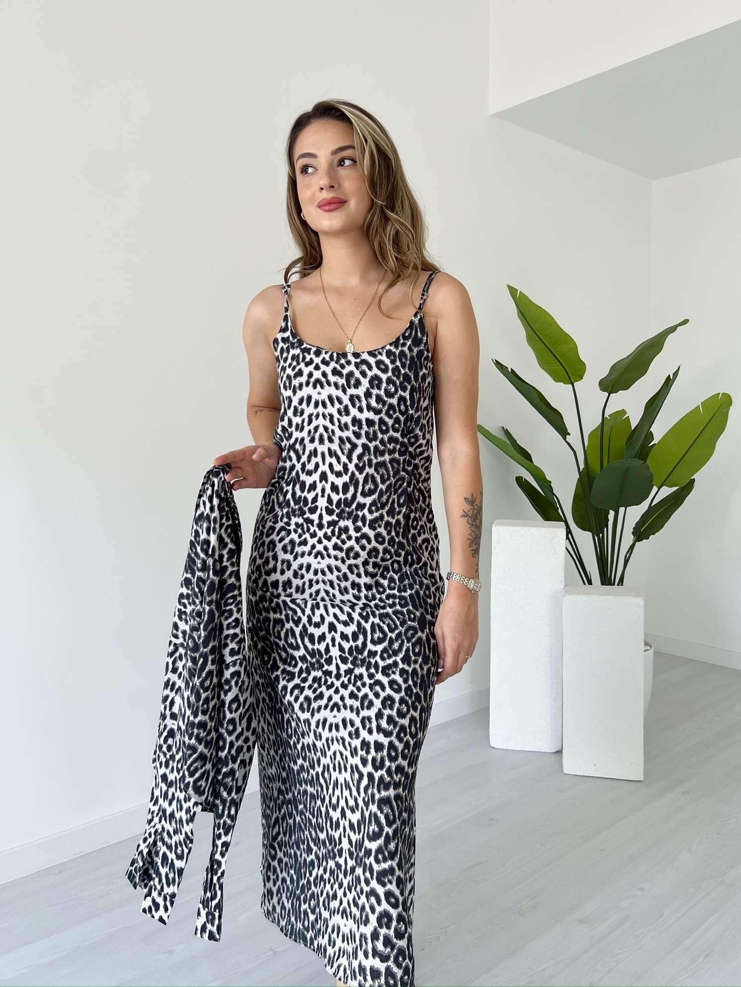 Leopar Desenli Elbise Gömlek Takım