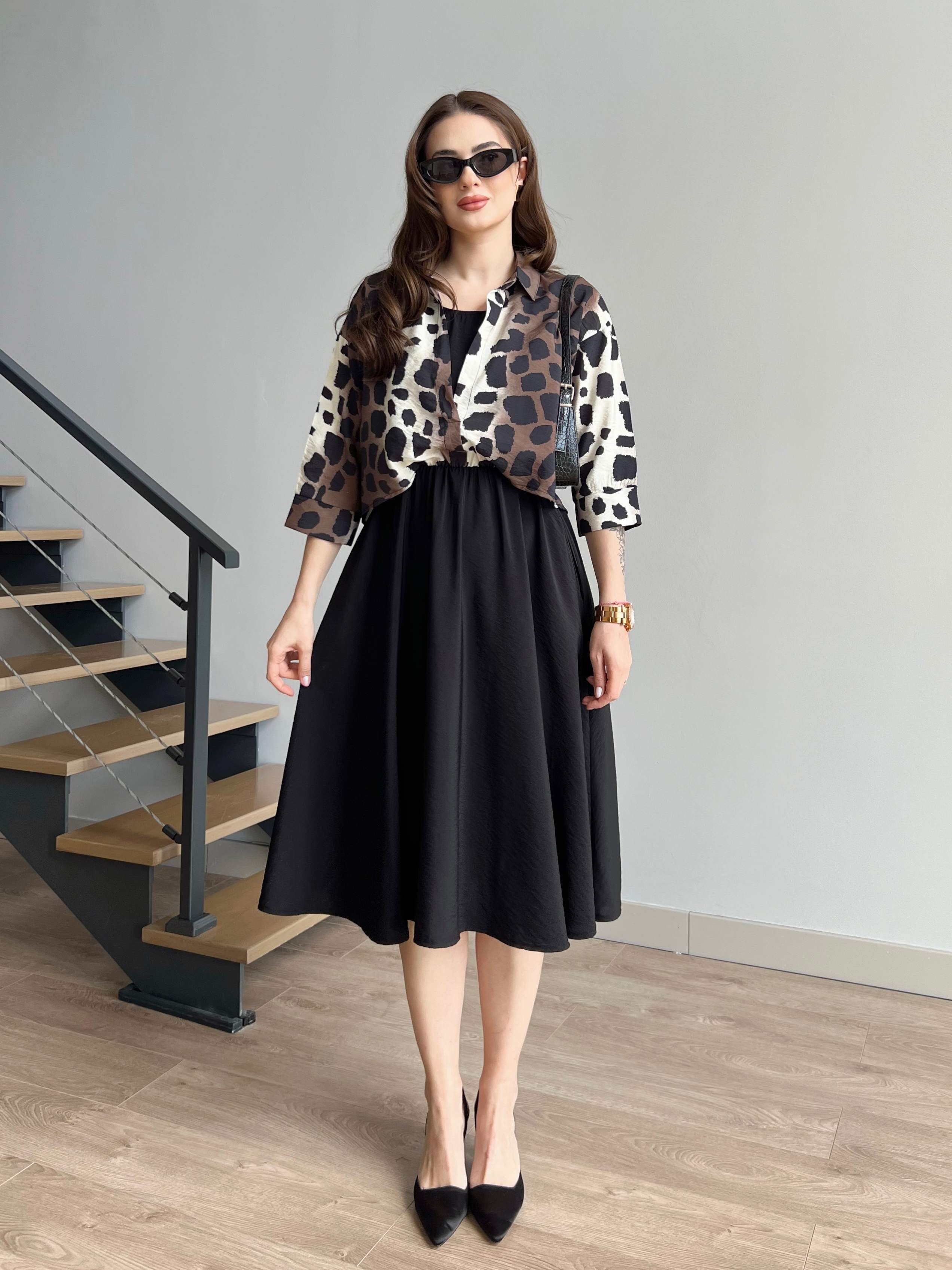 Leopar Desen Bluz Detaylı Elbise