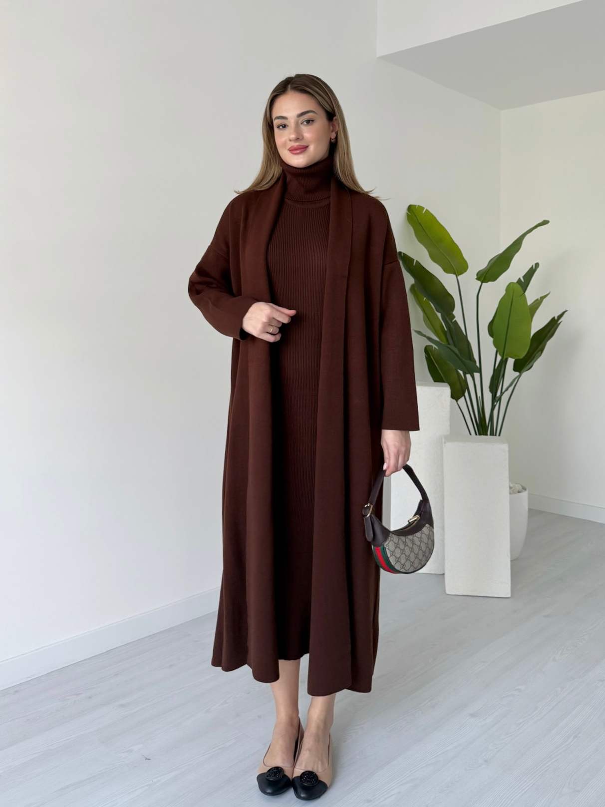 Acı Kahve Elbise Hırka Takım