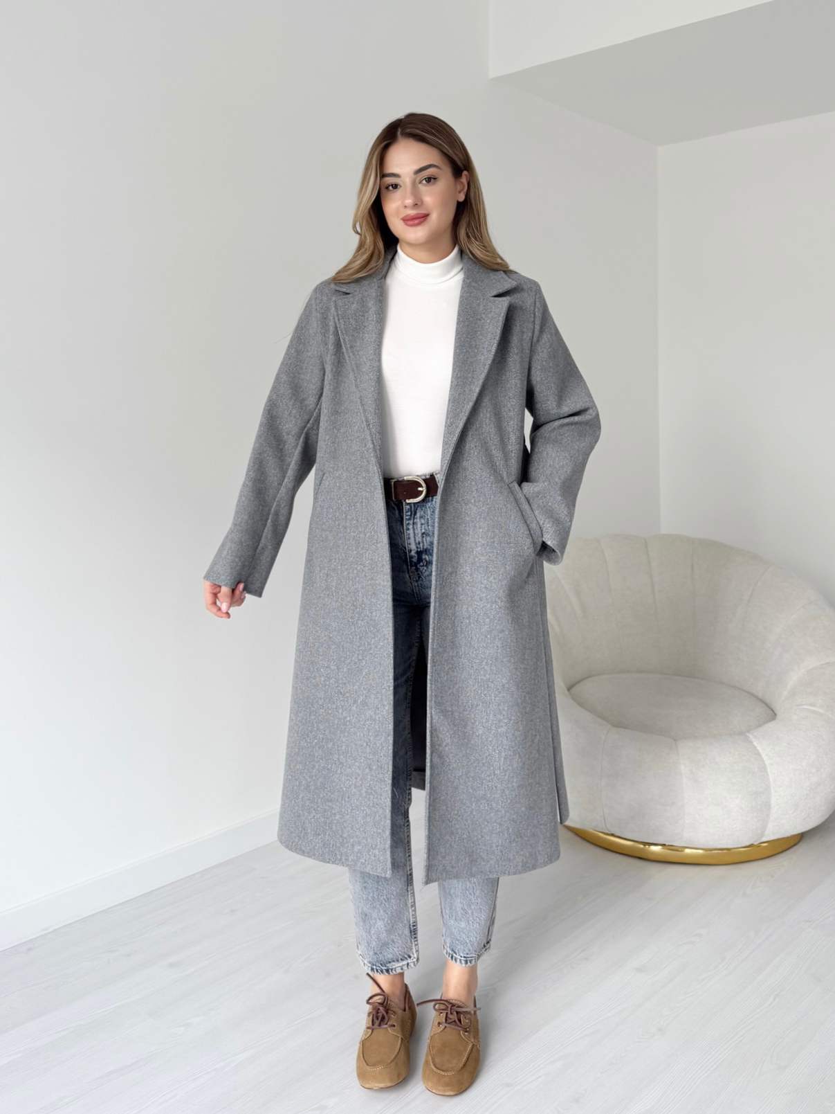 Kuşaklı Uzun Premium Kaşe Kaban