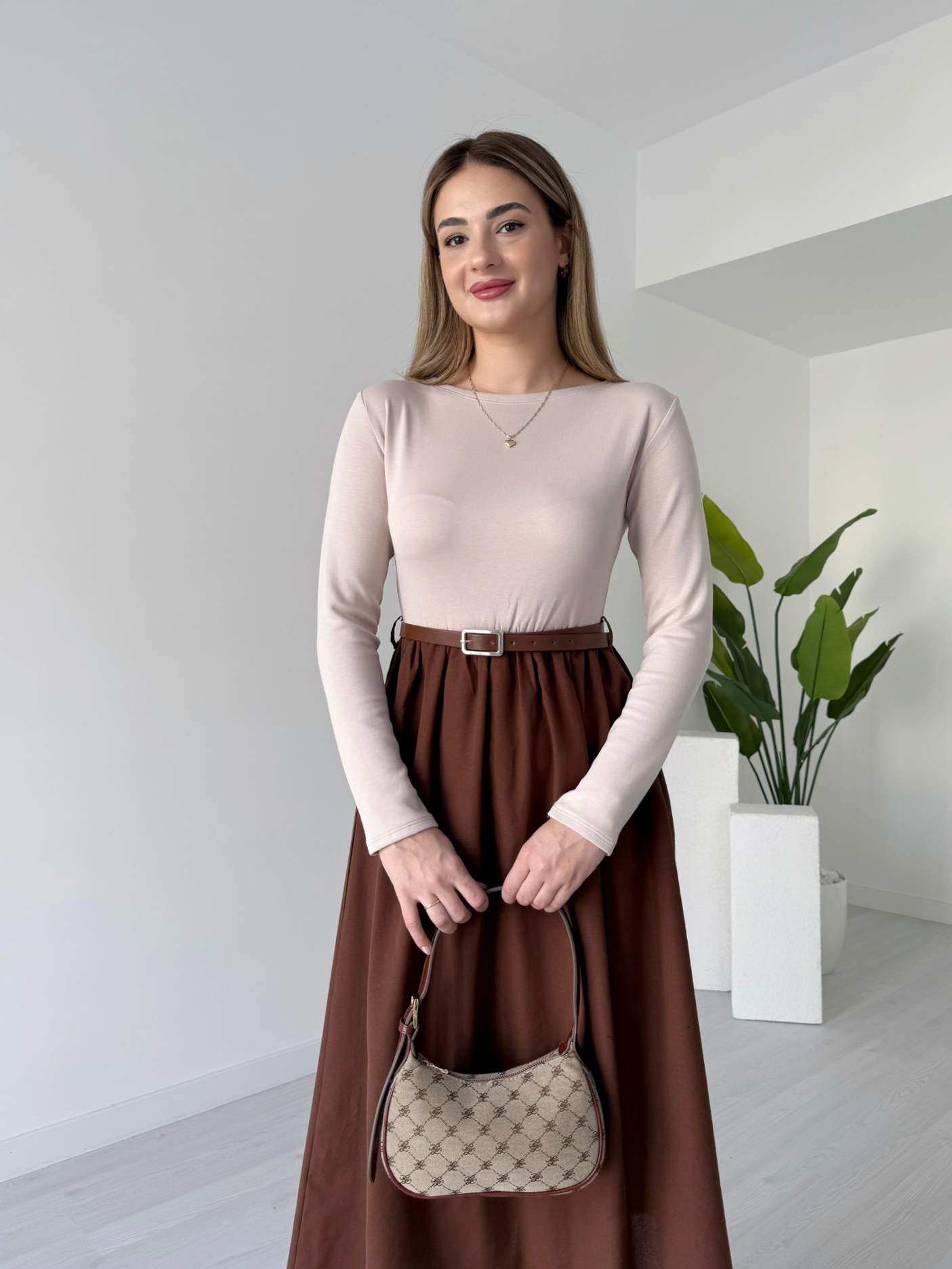 Midi Boy Kemerli Uzun Kollu Elbise