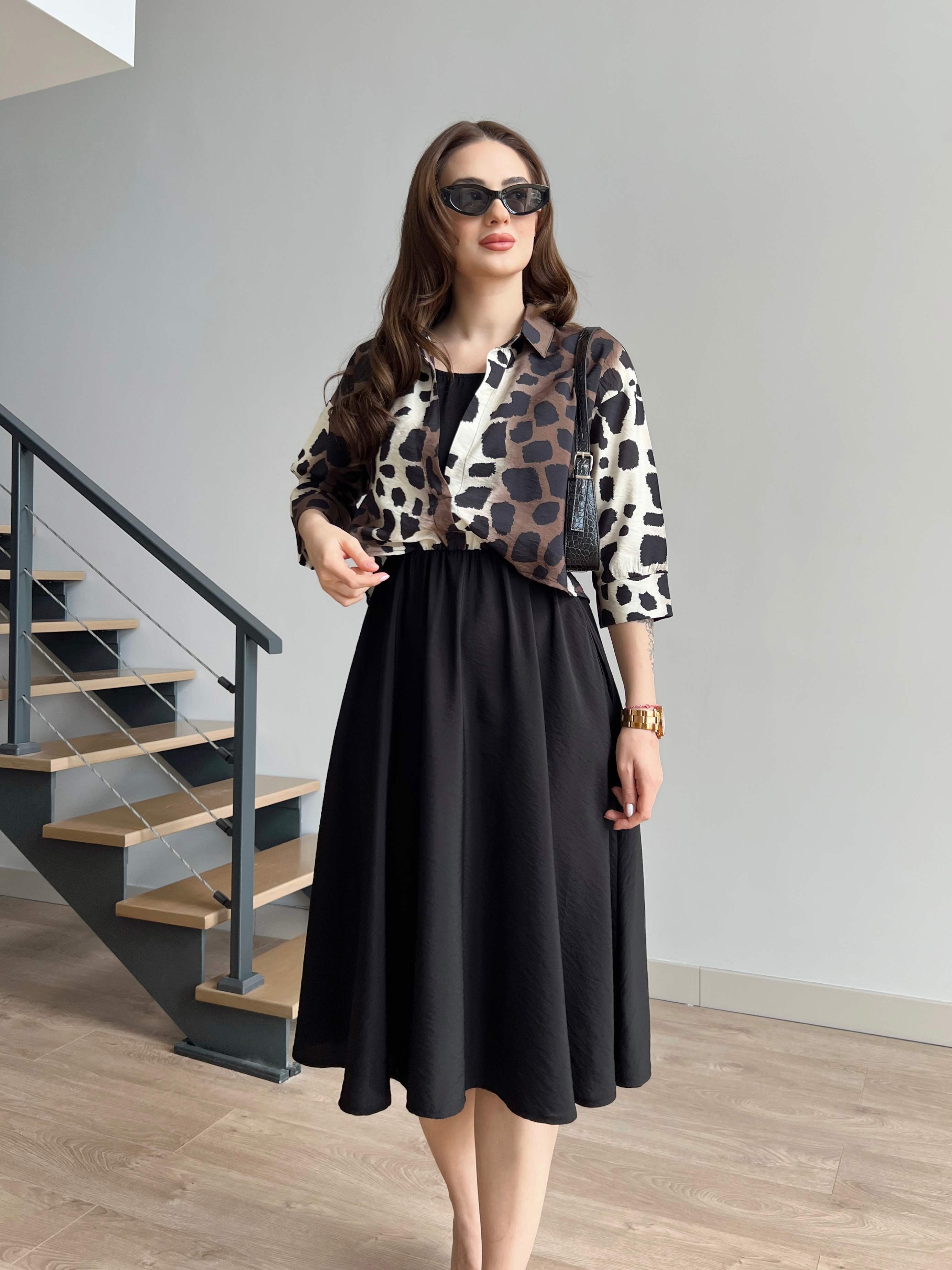 Leopar Desen Bluz Detaylı Elbise