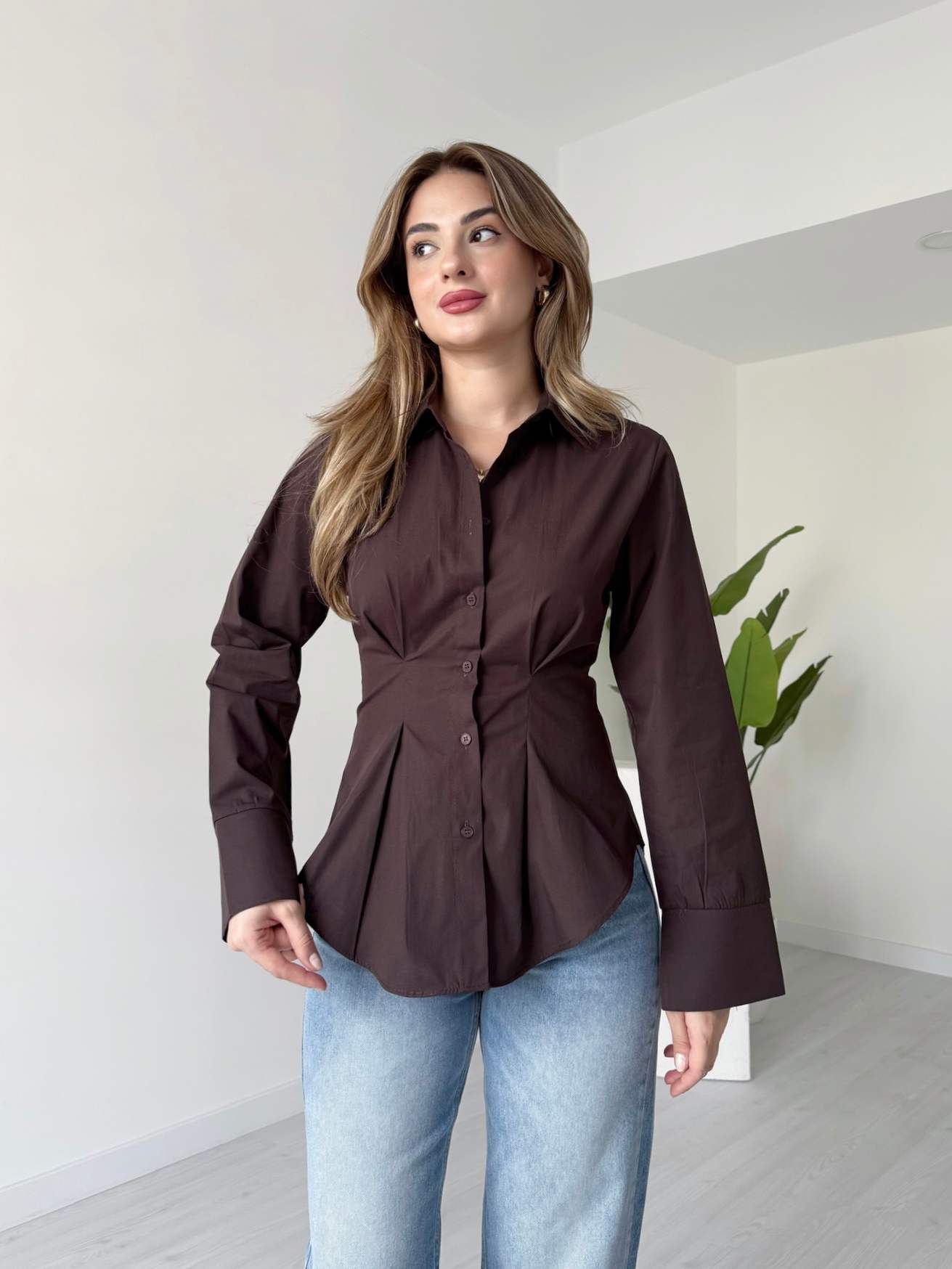 Belden Oturtmalı Poplin Gömlek - Kahve