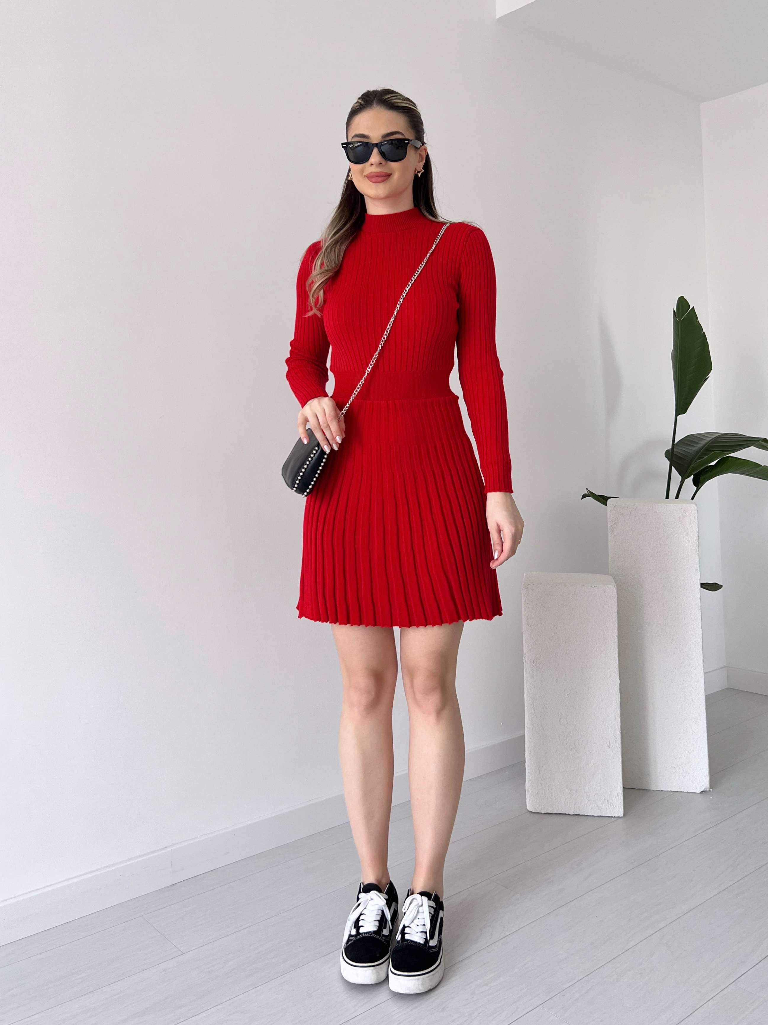 Piliseli ARYA Triko Elbise - Kırmızı