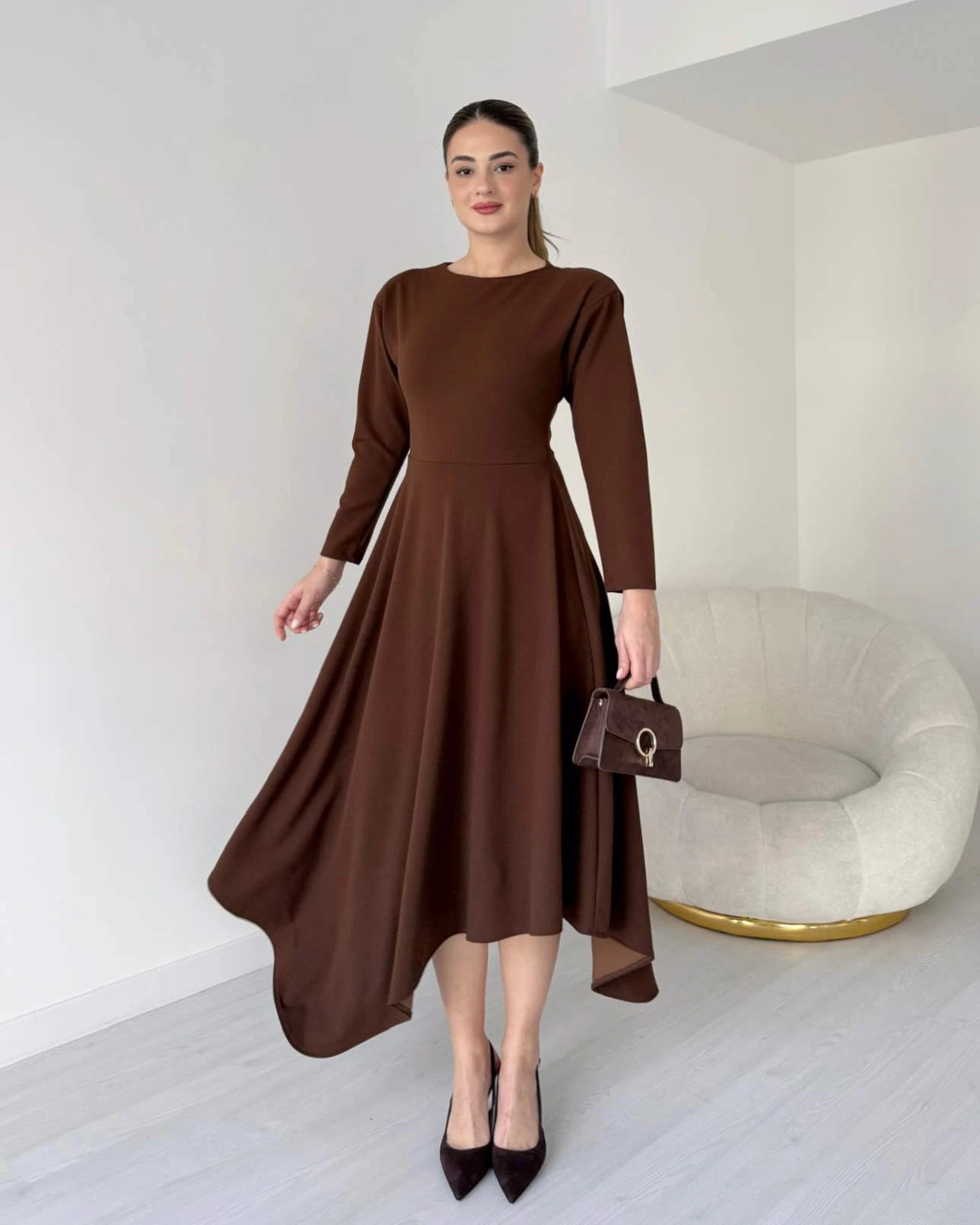 Eteği Asimetrik ROLLAND Elbise - Kahve