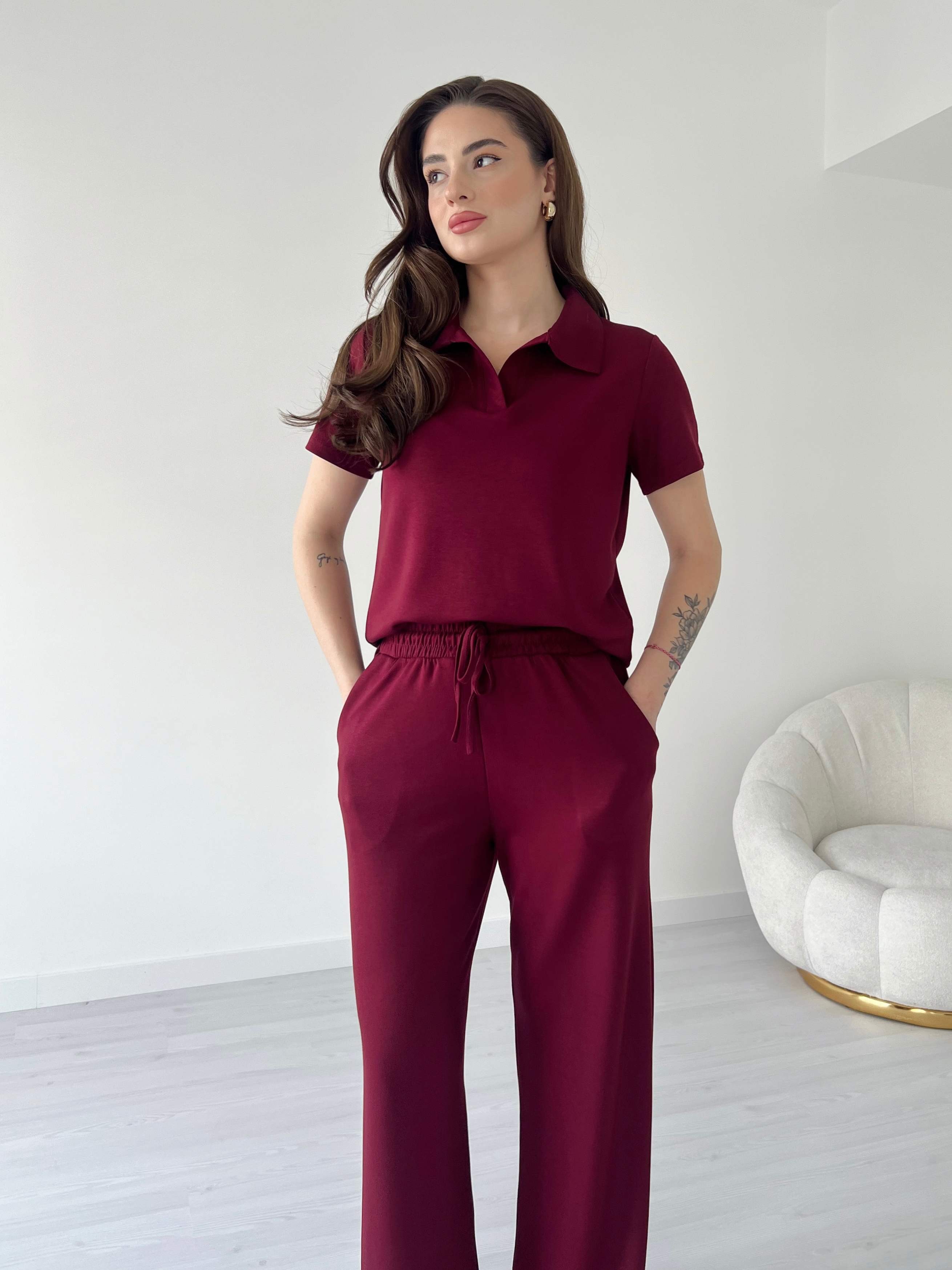 Modal Kumaş Polo Yaka İkili Takım - Bordo