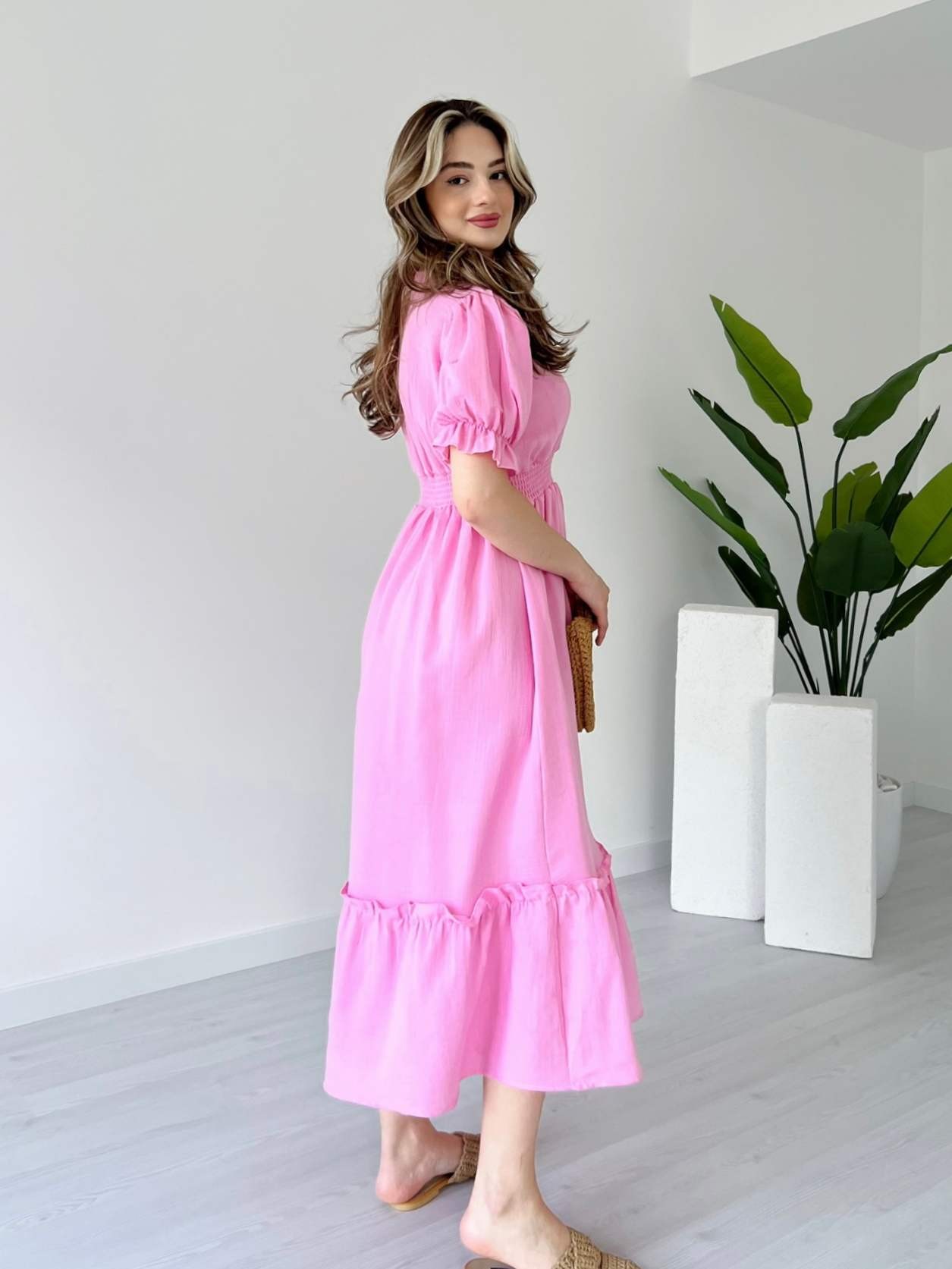 Bel Gipeli Karpuz Kol Müslin Elbise - Pembe