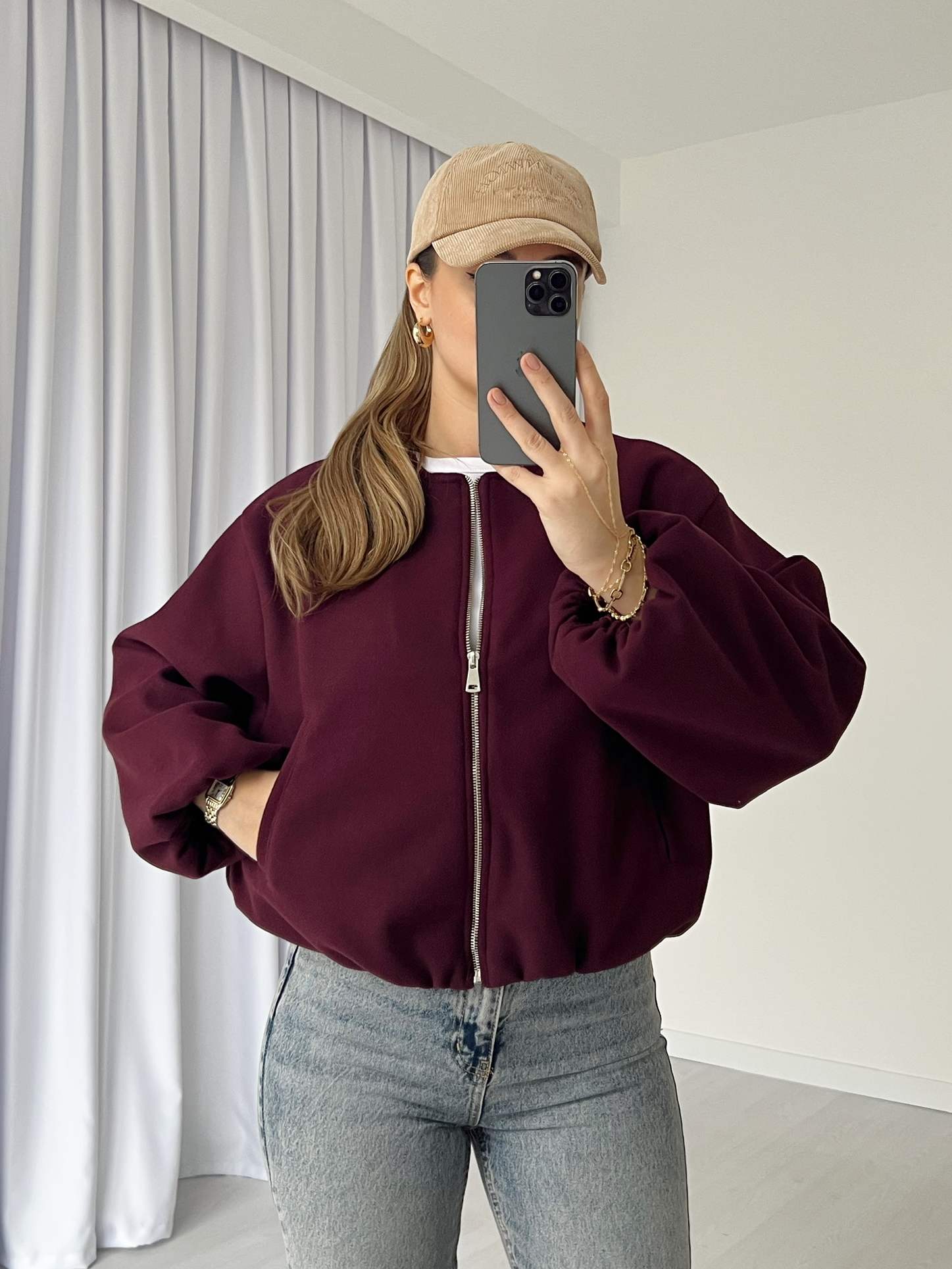 Kaşe Bomber Ceket - Bordo