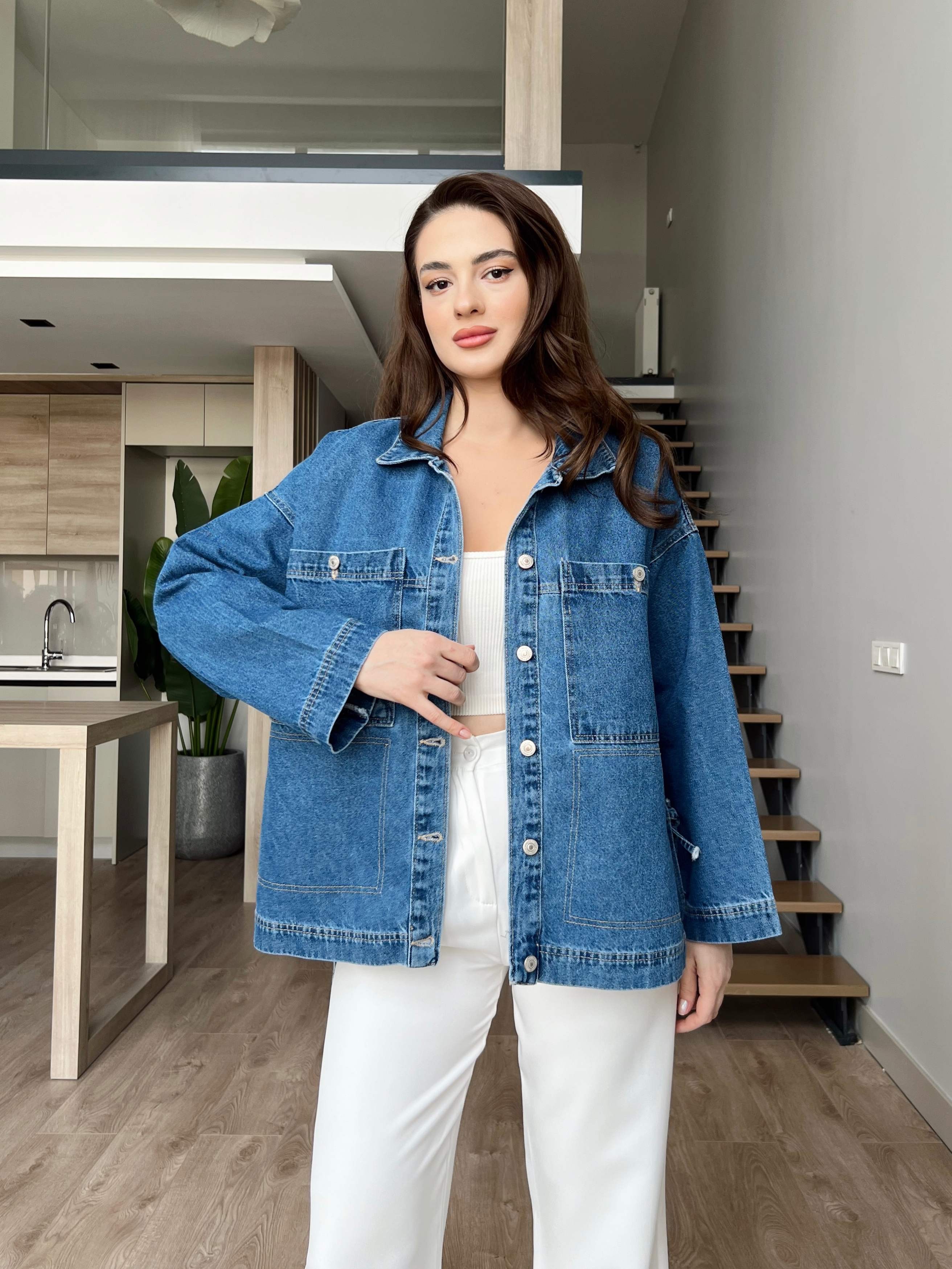 Yanı İp Detaylı Arkası Uzun Denim Ceket - Koyu Mavi