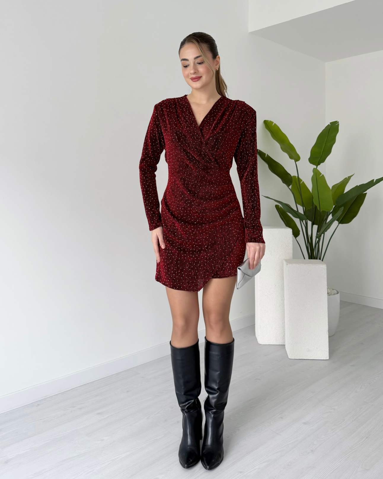 Kruvaze Yaka Parıltılı DIANA Elbise