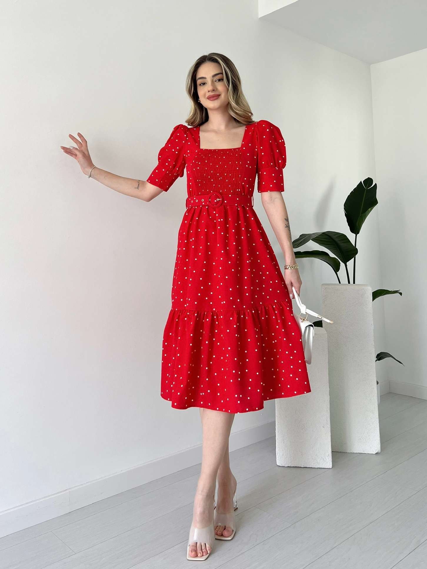 Kare Yaka Puantiyeli Poplin Elbise - Kırmızı