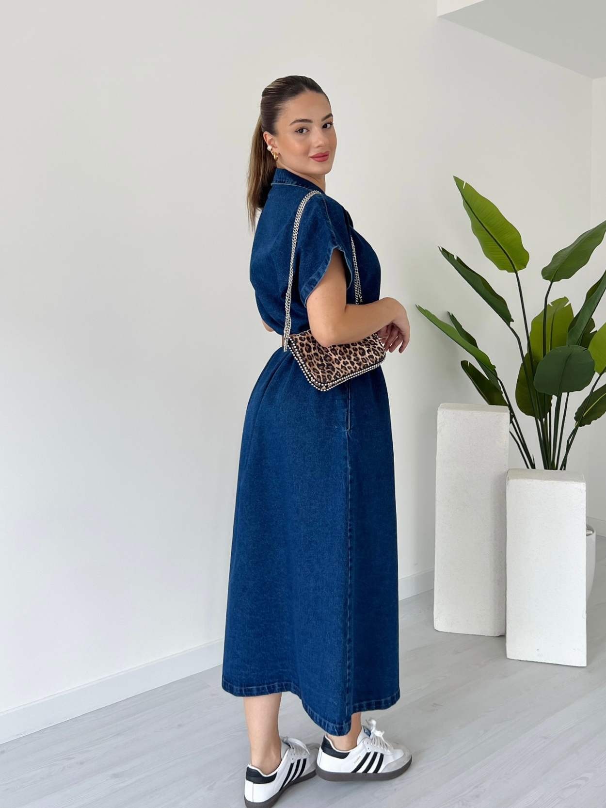 Düşük Kol Kemerli Denim Elbise - Koyu Mavi