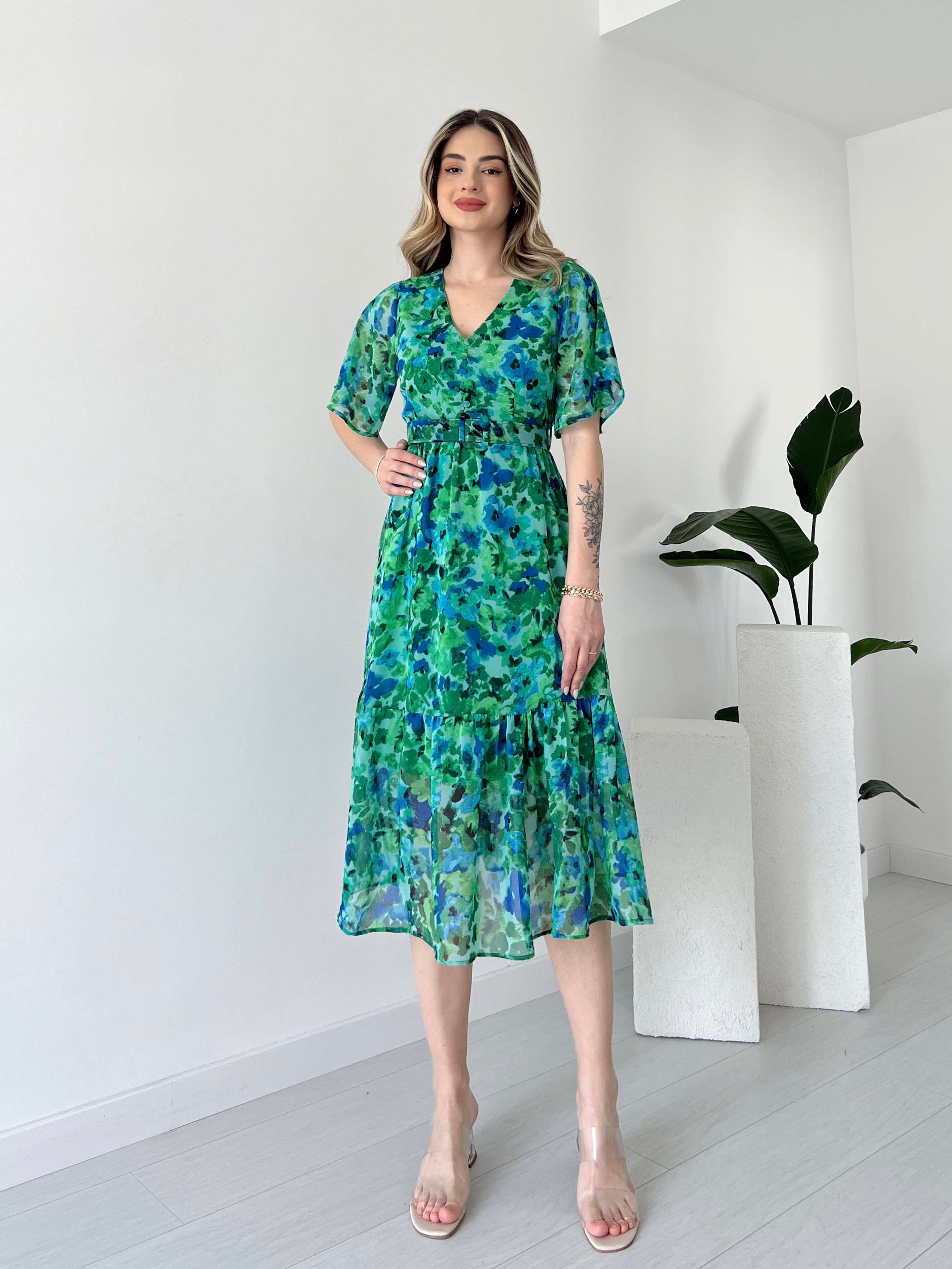 V Yaka Kemerli TINA Şifon Elbise - Yeşil