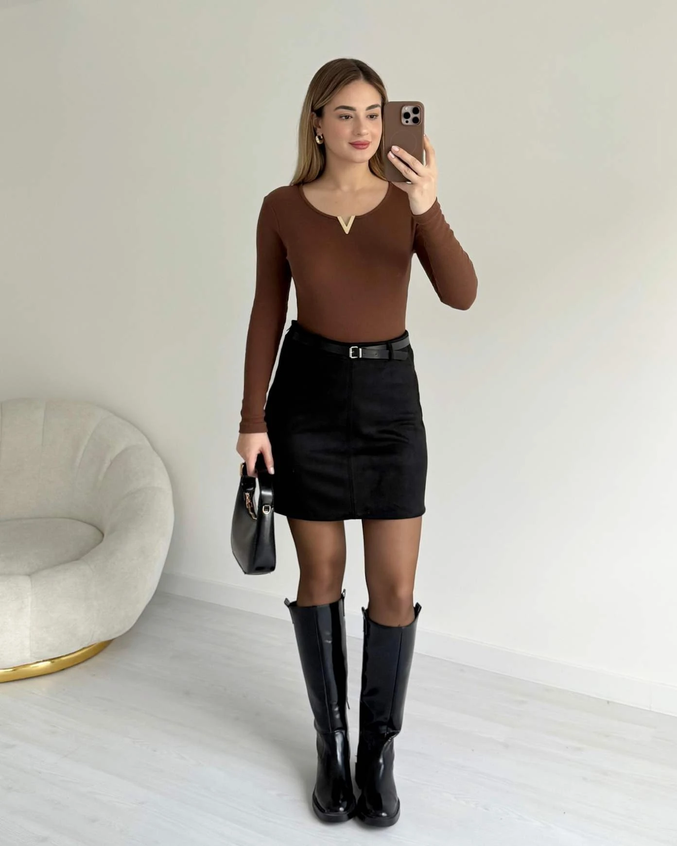 Kemerli Süet Etek - Siyah