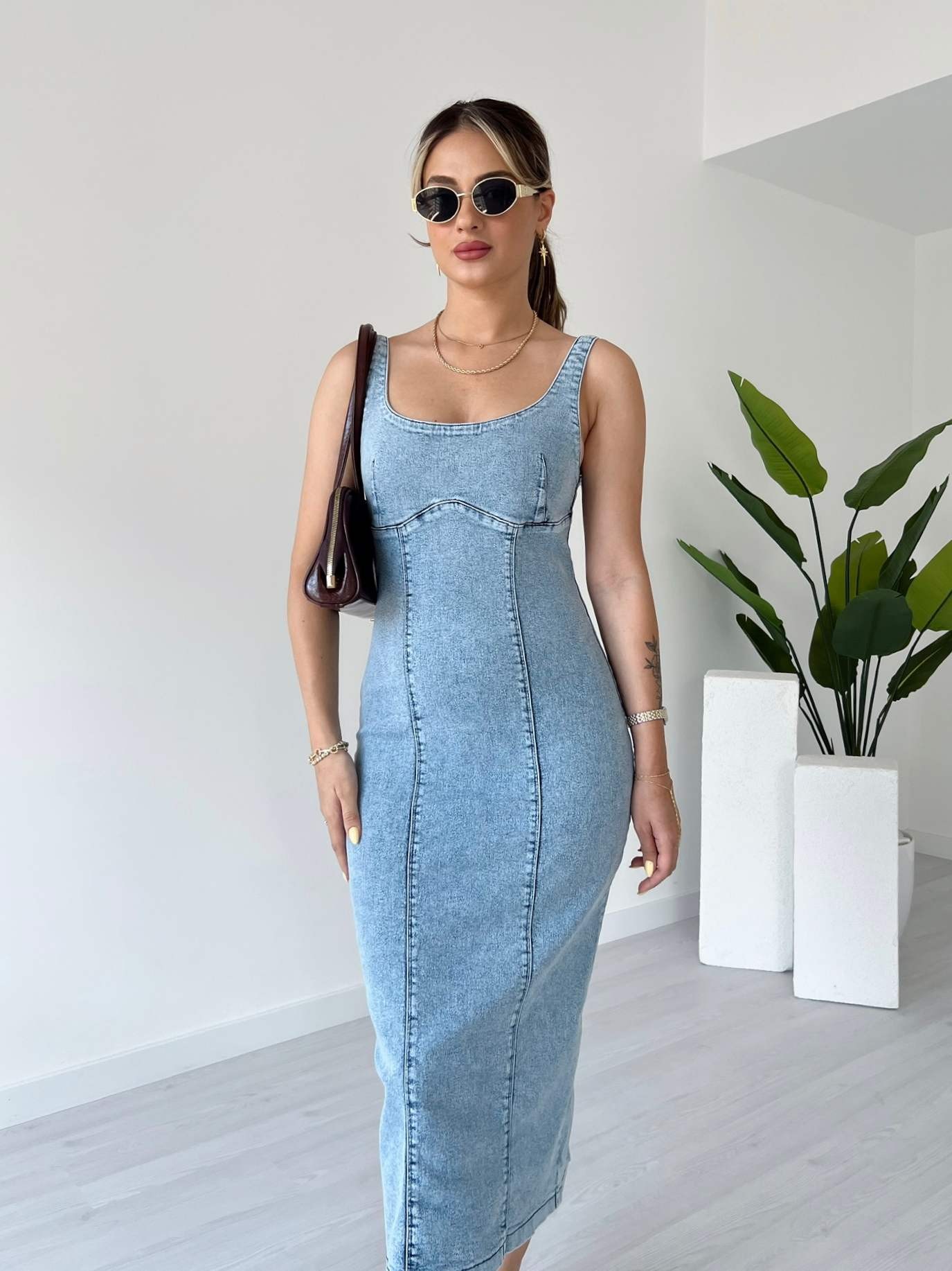 Likralı Sırt Fermuarlı Denim Elbise
