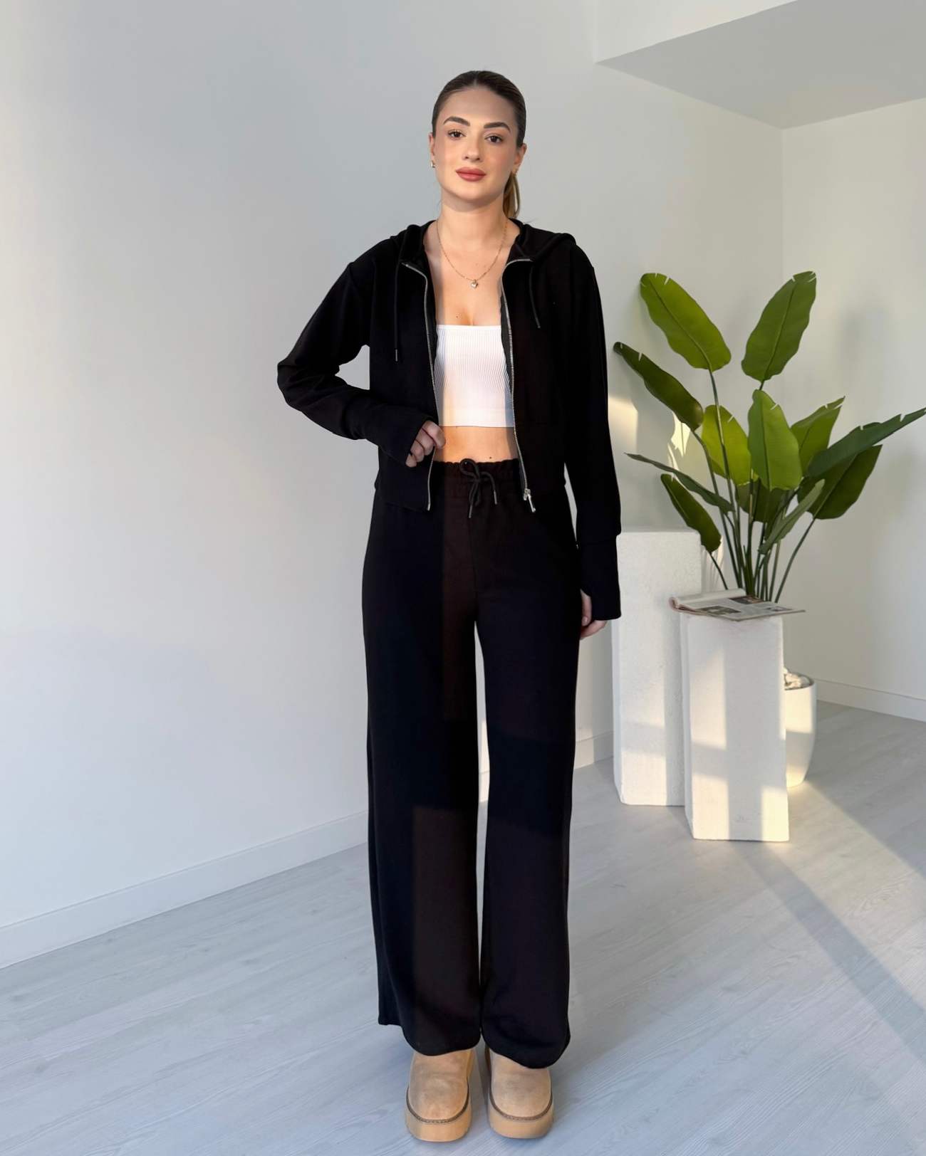 Selanik Kumaş Parmak Geçmeli İkili Takım - Siyah