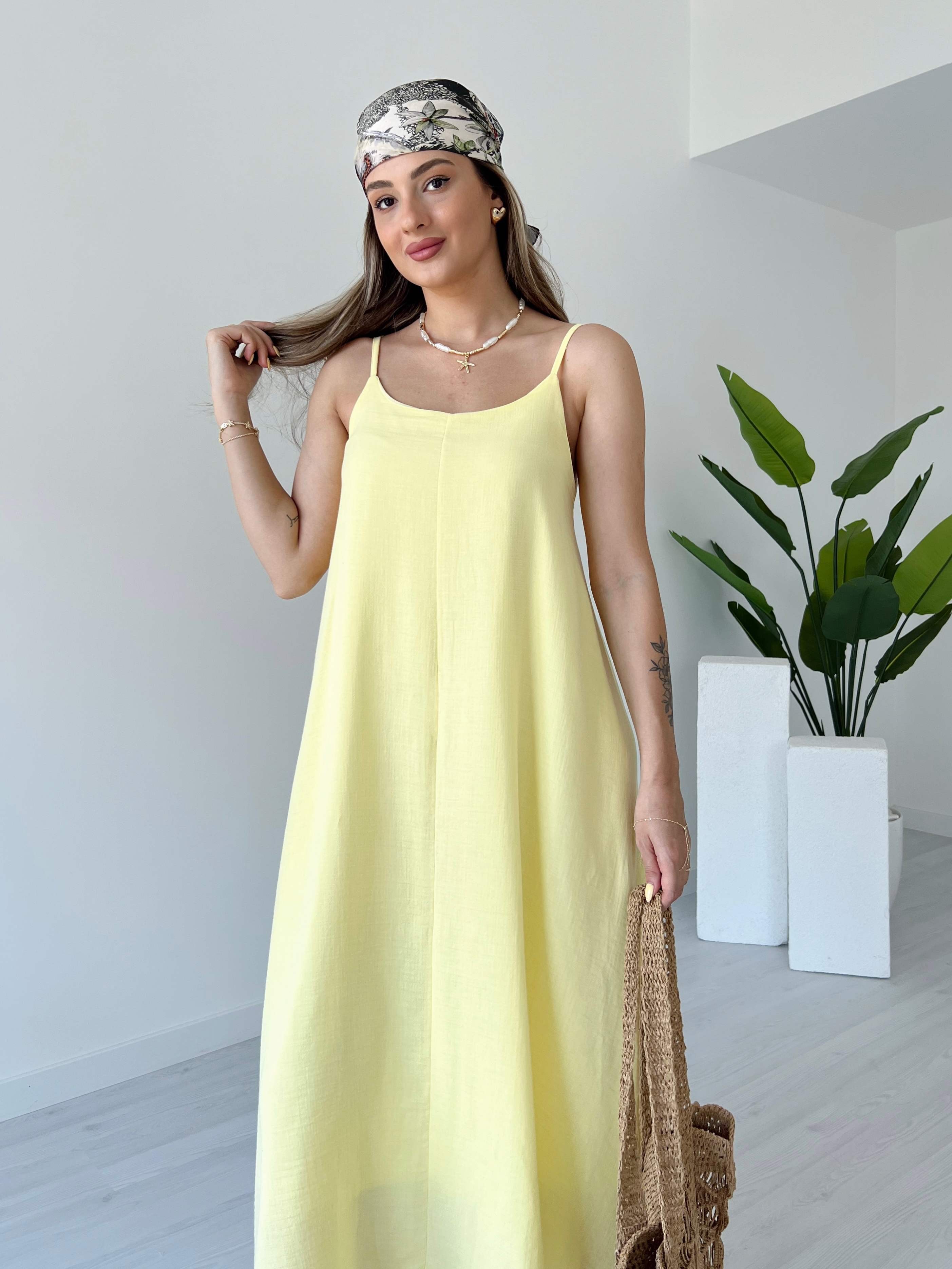 Ayarlanabilir Askılı Astarlı Müslin Kumaş Elbise - Sarı