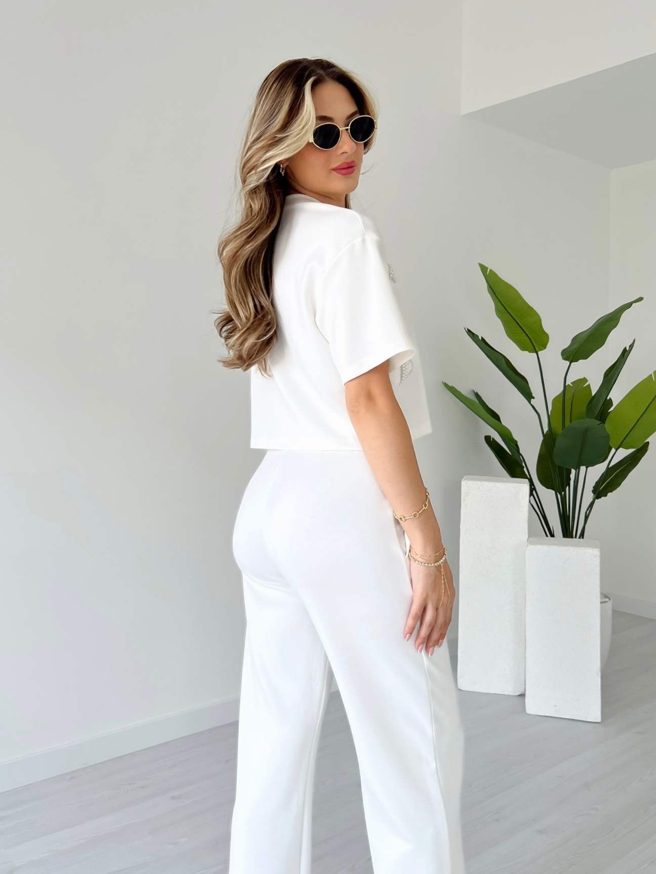 Modal Kumaş Taş Süslemeli Crop Takım - Beyaz