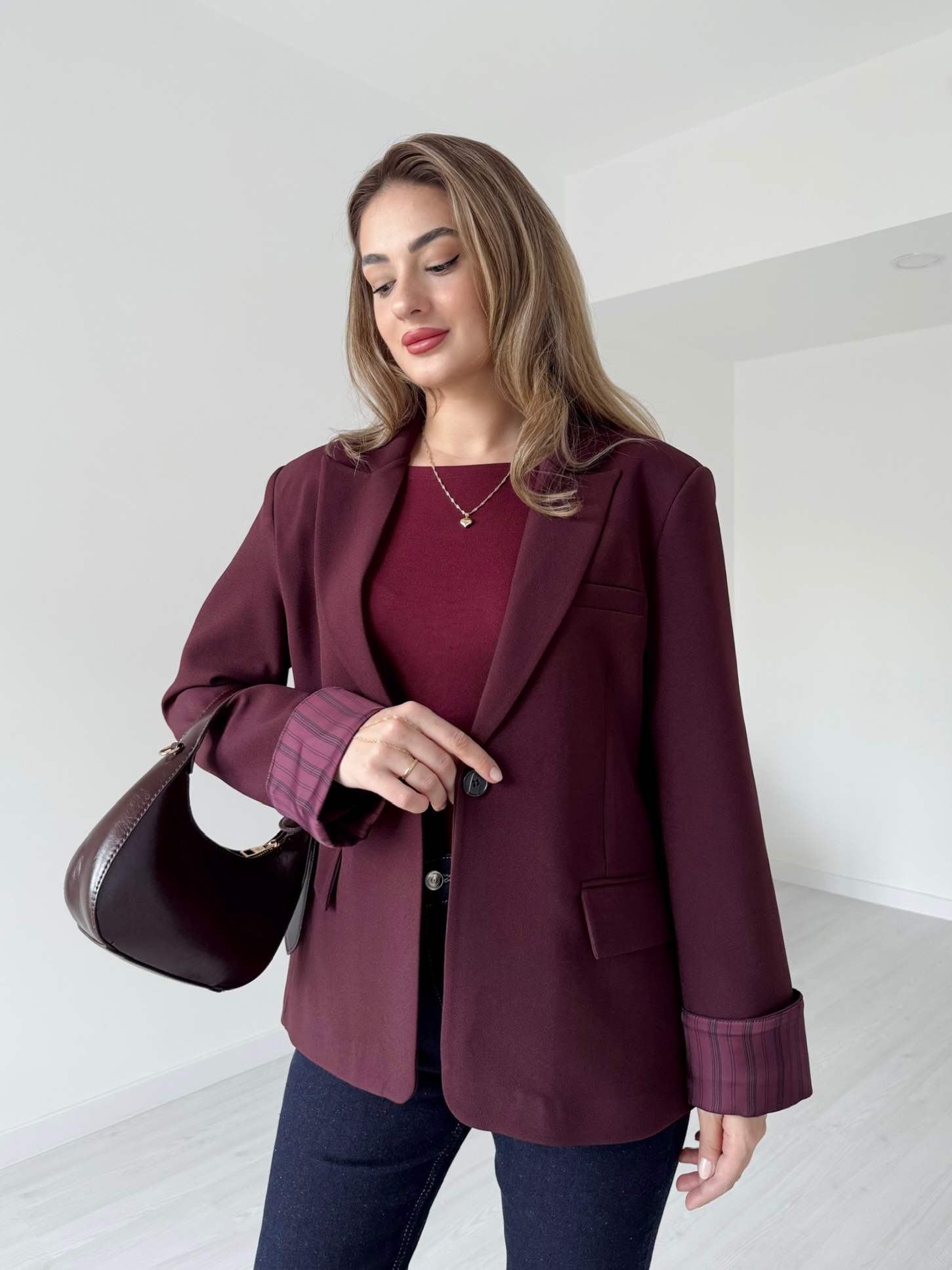 Astarı Çizgili Oversize Blazer Ceket - Bordo