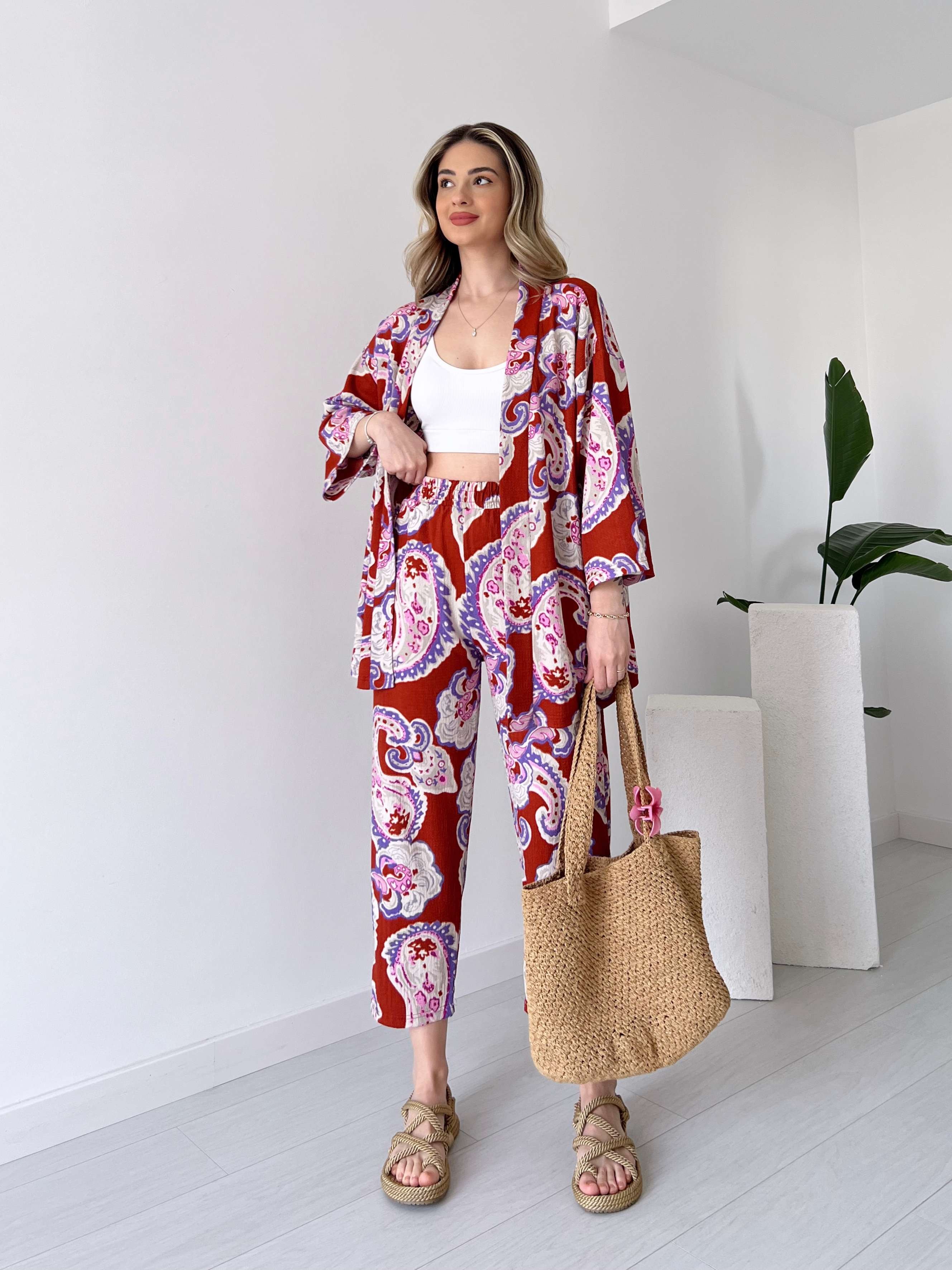 Desenli Kimono Takım - Kiremit