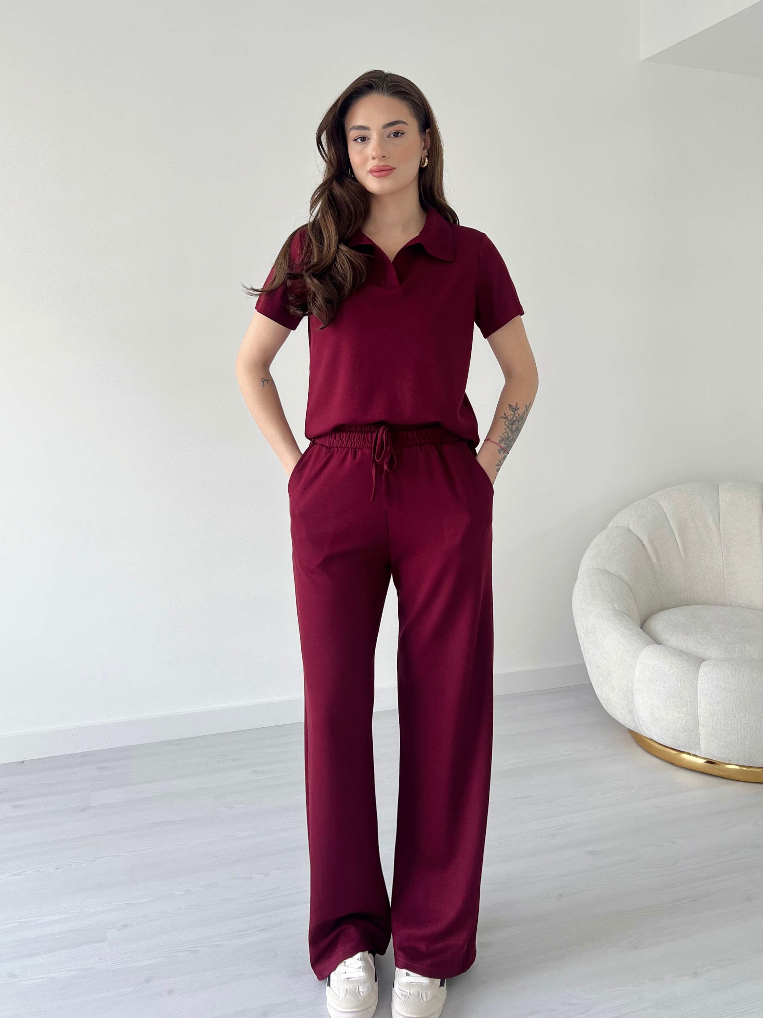 Modal Kumaş Polo Yaka İkili Takım - Bordo