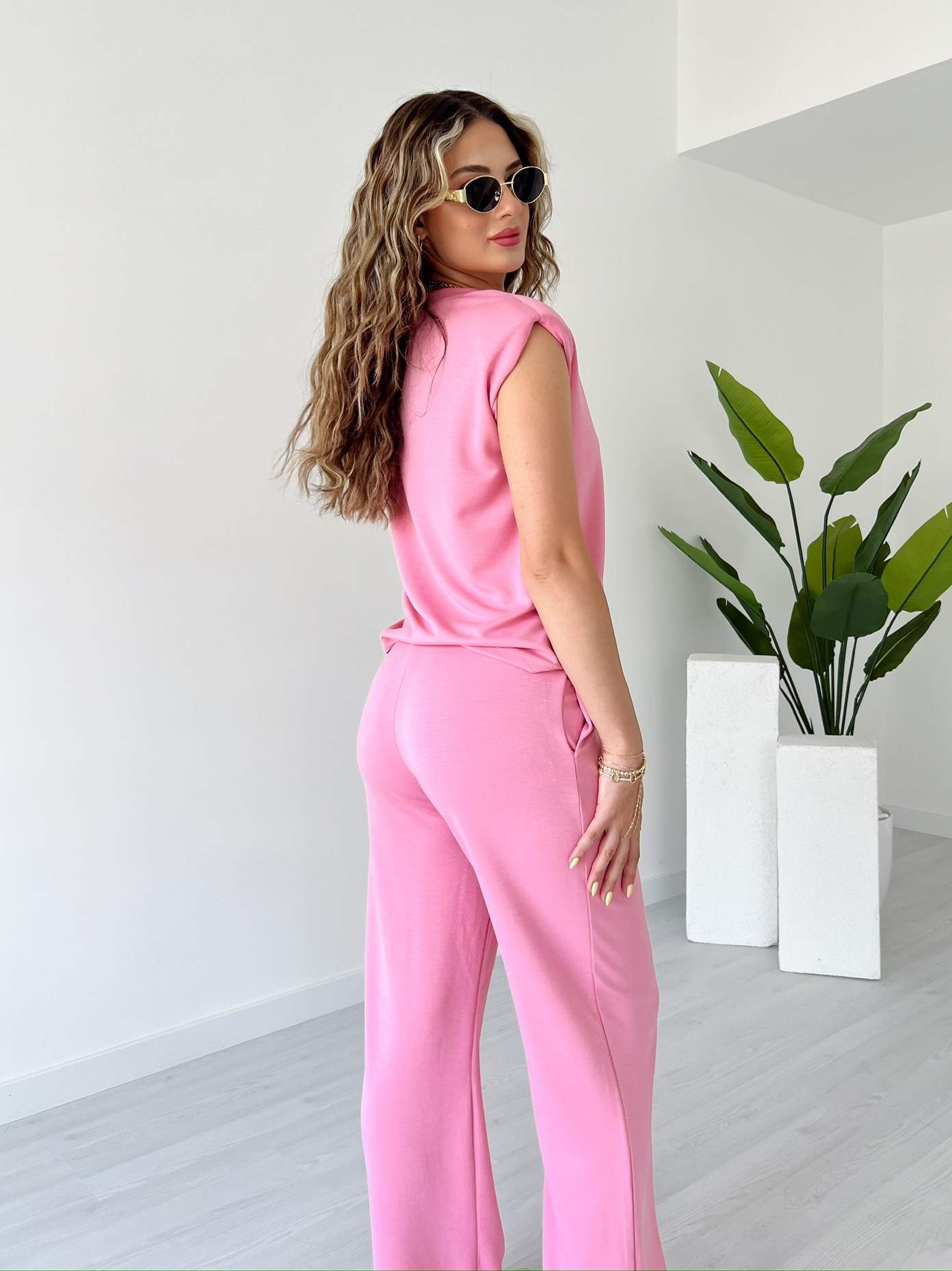 Omuzları Vatkalı Modal Kumaş İkili Takım - Pembe